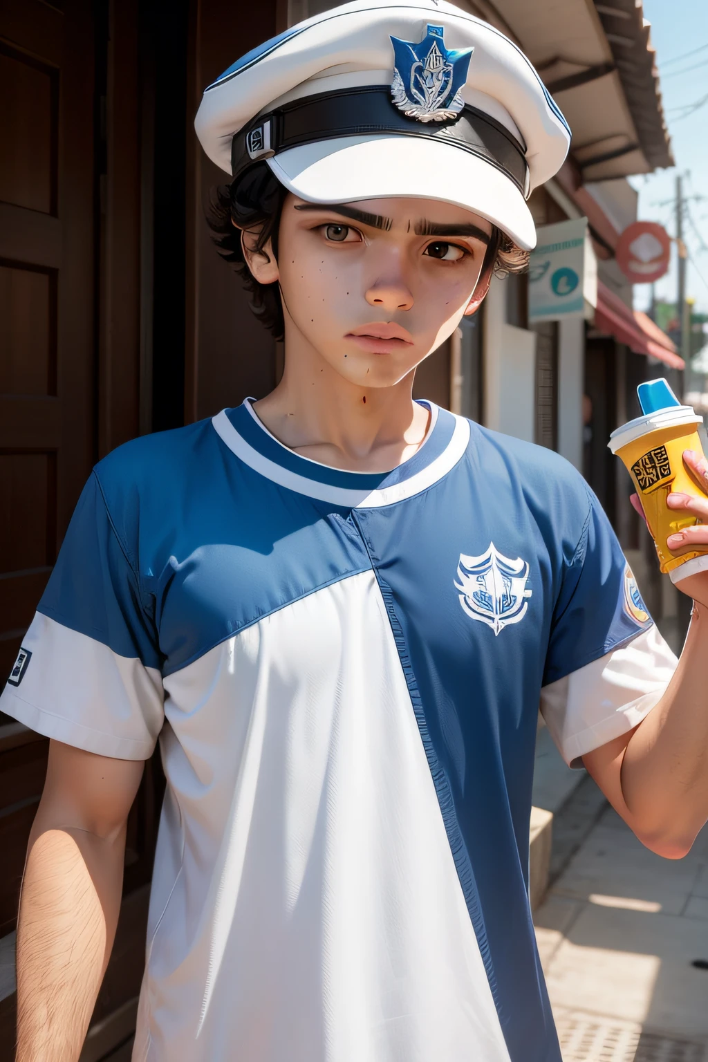 rapaz jovem, branco, cap, sardas no rosto, uniforme azul de lanchonete fast food, tired  expression .