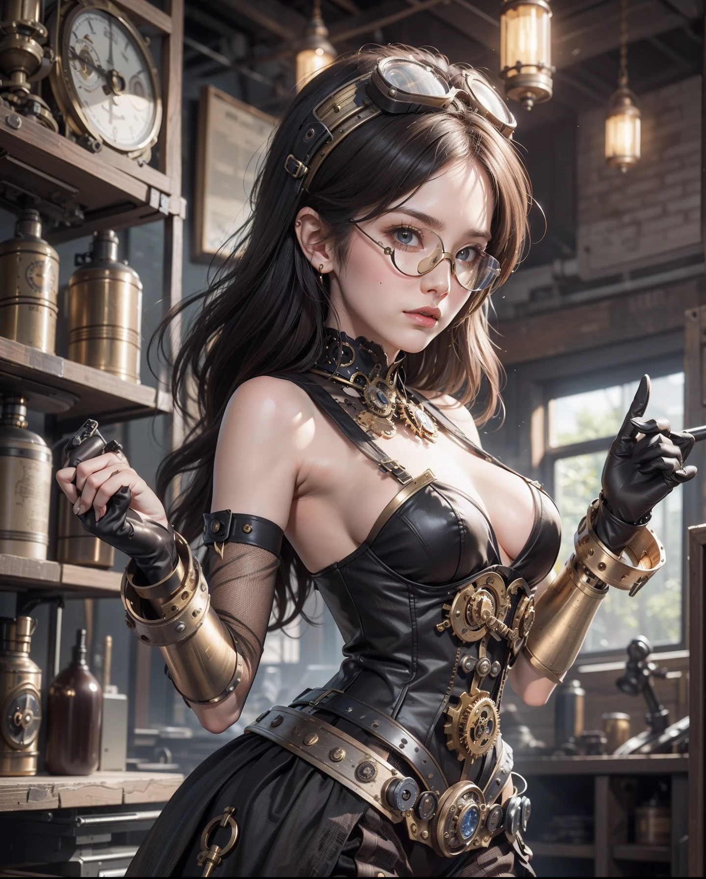 ((masutepiece)), (1girl in), (Steampunk Theme:1.5), (Mechanical elements:1.3), (goggles:1.2), (Inventor:1.1), (Engagement Expressions), (Active Pose), ((Highly detailed workshop background)), (Various gears:1.2), (Steam Power Machinery), (blueprint),(Flickering gas lamps:1.1), (Clockwork works),(Innovative:1.3),(Brass and copper tones)

In the world of steampunk and innovation, Talented female inventor standing in a bustling workshop. She wears goggles, Resting on her forehead, Emphasize curious eyes full of determination. Her costumes are decorated with mechanical elements and brass accents, Reflecting our passion for invention. She takes an active pose, One hand adjusts the complex gear system、The other hand sketches a new idea on parchment.