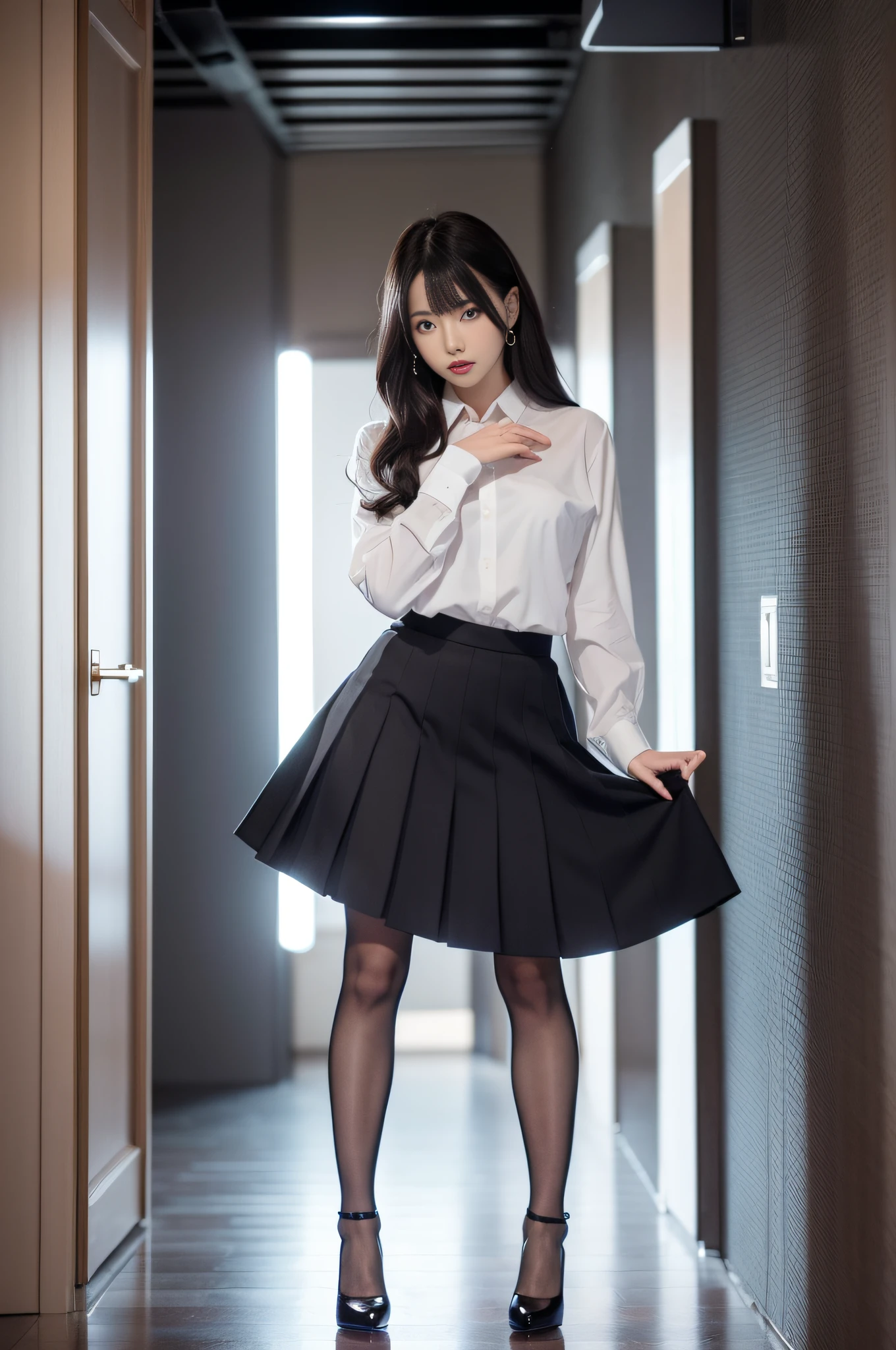 12 year old little girl, Asian 12 year old girl posing for photo in skirt and white shirt, wearing a shirt and white shirt, ((open shirt)), hands lifting her skirt