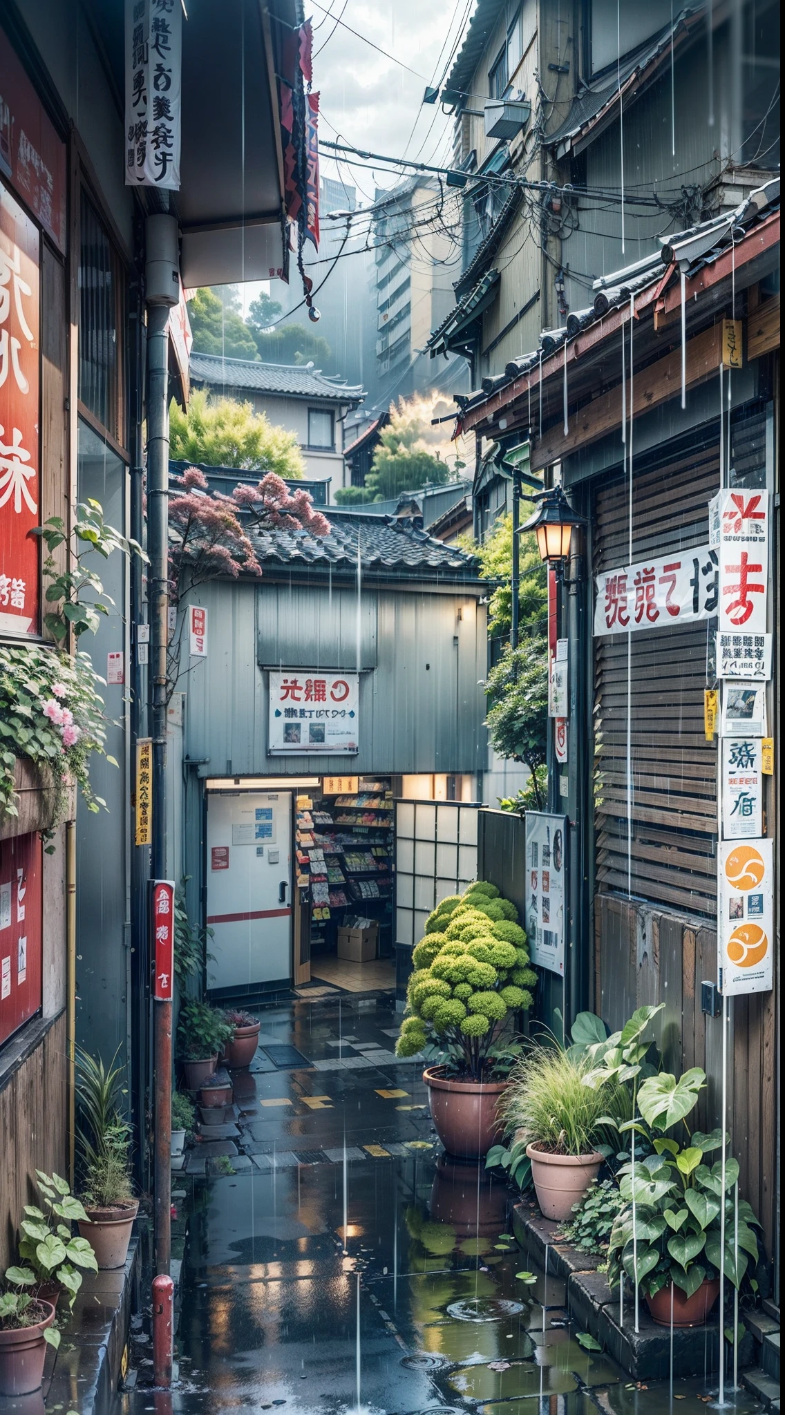 japan, Japanese street, overlooking city, modern Japanese architecture, Japanese style buildings, Japanese convenience store, Japanese shop signs, Japanese signs, plant pots, (no one: 1), no people, no one in sight, no cars, no vechiles, rain, raining, heavy rainfall, wet, puddles, dramatic rain, dramatic rain, heavy rain, lots of rain, rain drops, rain falling, rain drops falling, gloomy weather, emerging sun through clouds, storm