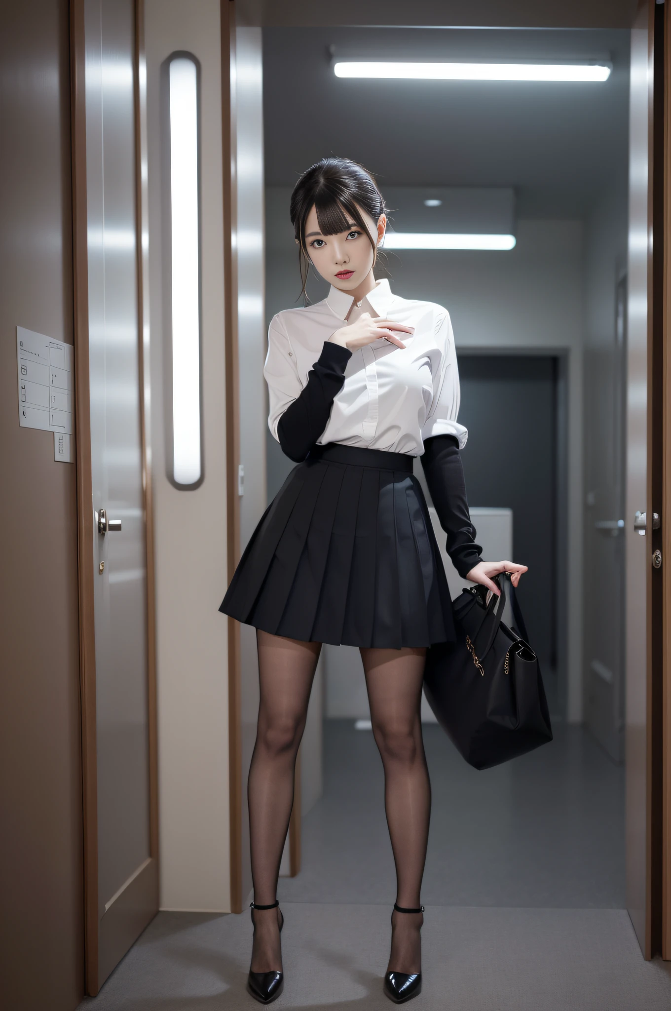 Charming beauties、Officelady、whiteshirt、Black pleated skirt、black pantyhose、charming oval face、二重まぶた、Clear eyes、Dark red lipstick、Beautiful thin legs、toned ankles、The ultra -The high-definition、The ultra-detailliert、Elegant standing figure、Create a slender lower body curve、Expressing adult femininity、top-quality、8K、ultra-detailliert、soio、9 head body、Night、Move ki、The Darkness、seductiv、brainwashed、Evil Fall、wicked、darkness