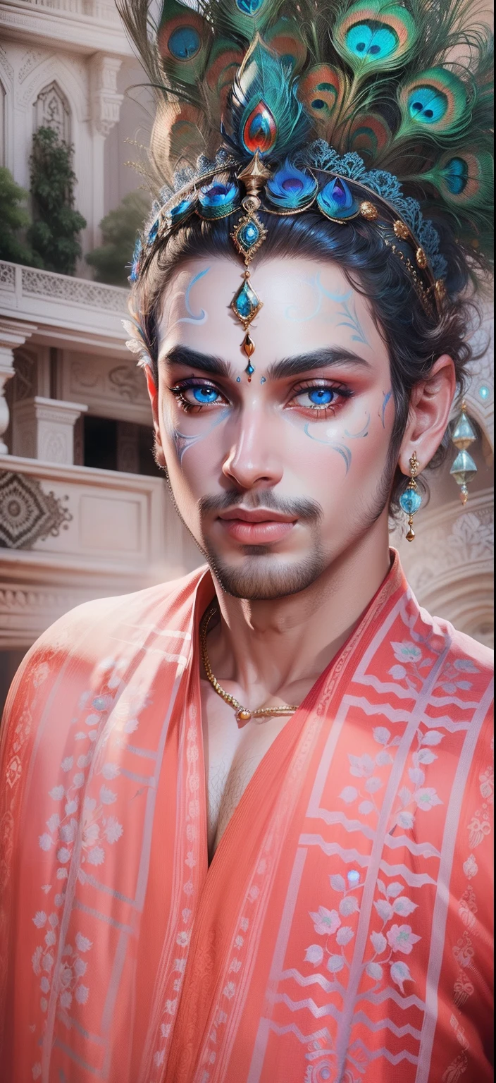 Lord Krishna peacock background realistic face Bule Eye, Ultra high quality HD