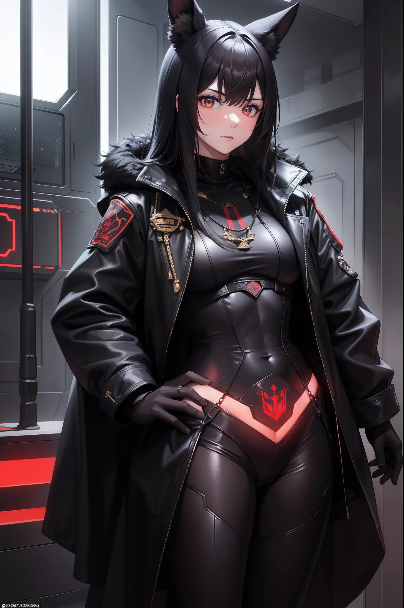 hight resolution , Digitale Kunst , Auf der Vorderseite ein schwarz-goldener sexy weblicher furry SchakalAnthro, ein anubischer gott, ein Schakal, eine Acrador Mindmachine mit einem fantasy schwert in der hand und roten Augen , Hintergrund : Neonlighs und Scifi Hanger mit Raumschiffen , in der Ferne stehen einige schwarz-rote Anthro-Anthro-Schakalsoldaten , Red banners on the walls