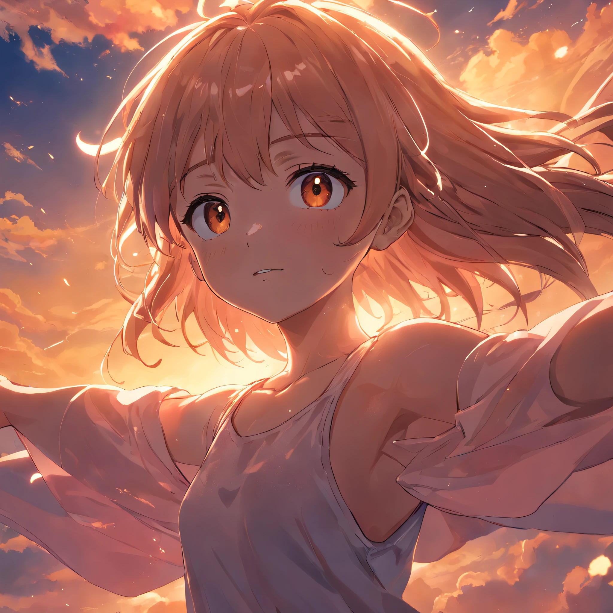 "obra-prima, melhor qualidade, filme ainda, 1garoto jovem loiro de cabelo grande, nuvem garoto, floating into the sky, close-up, brilhante, feliz, Soft lighting and Warm, sun sunset, (Sparks: 0,7)"