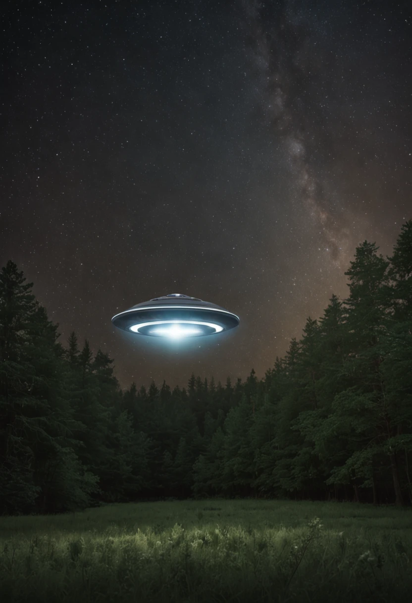 "a detailed illustration of a UFO craft hovering in the air above a nocturnal forest on the horizon"