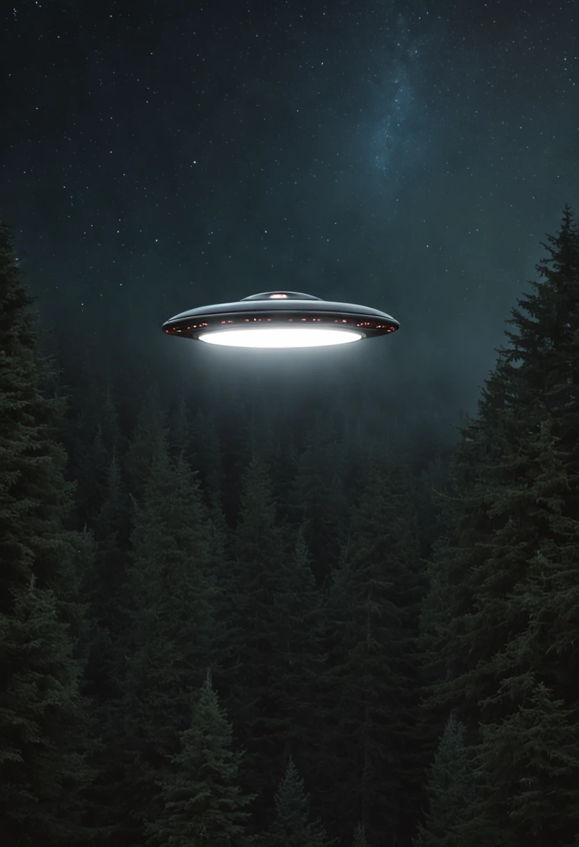 "a detailed illustration of a UFO craft hovering in the air above a nocturnal forest on the horizon"