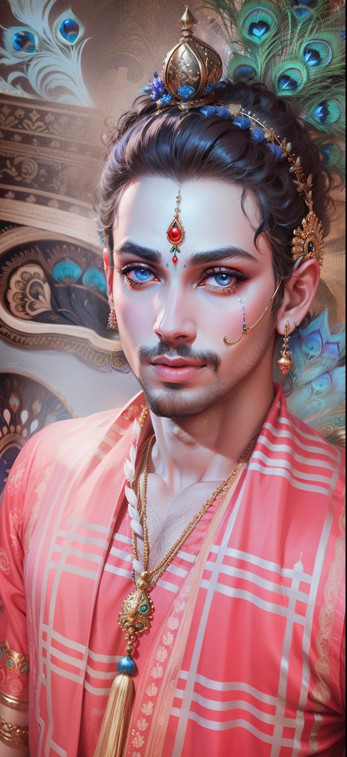 Lord Krishna peacock background realistic face Bule Eye, Ultra high quality HD