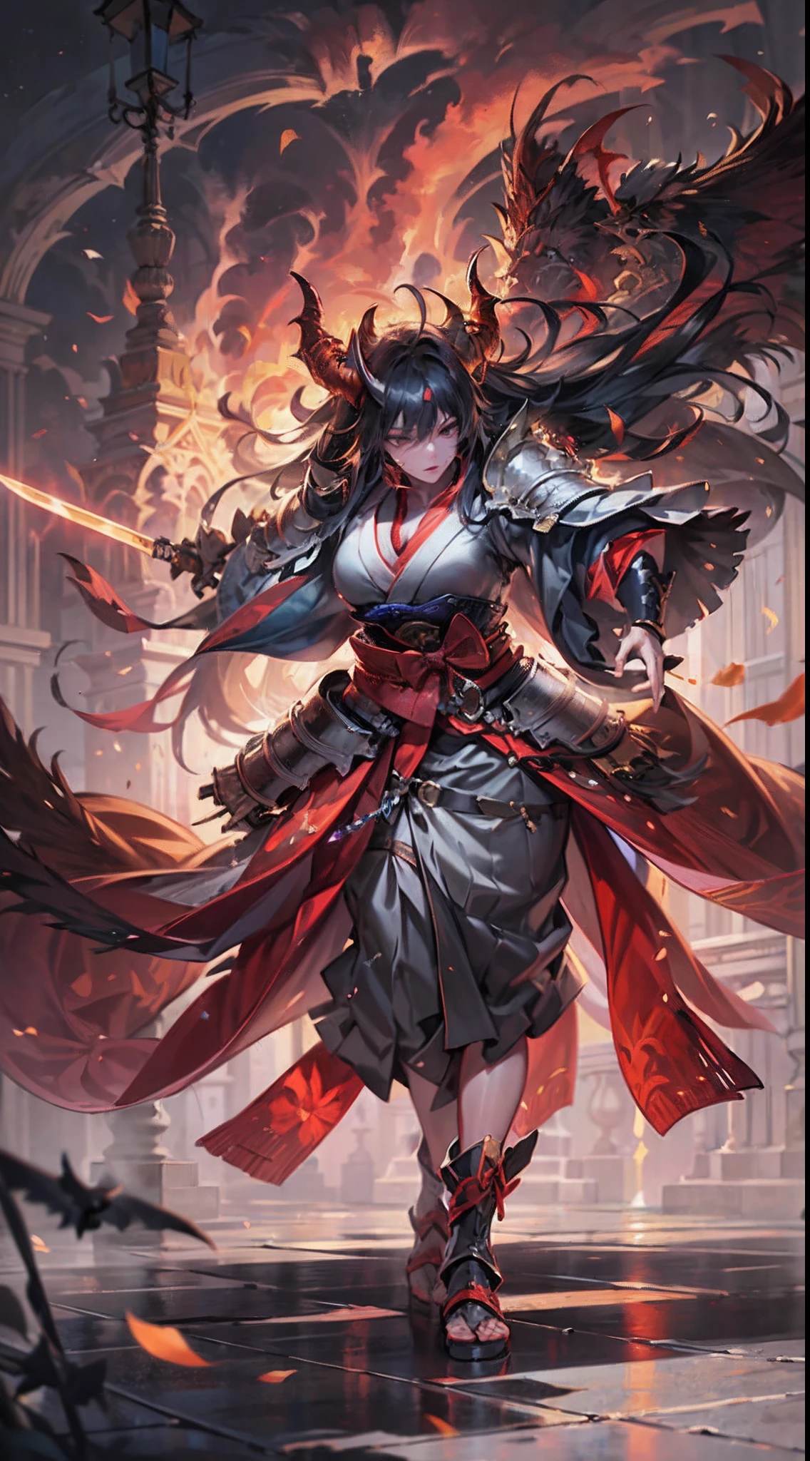 there is an illustration of a woman samurai fighting a red skinned demon in the streets at night. A Japanese woman samurai, a female warrior, ultra detailed face (best details, Masterpiece, best quality: 1.5), ultra feminine, exquisitely beautiful pale skin, long hair, black hair, dynamic eyes color, armed with a katana (best details, Masterpiece, best quality: 1.5), shinning sword (best details, Masterpiece, best quality: 1.3) wearing armor. BREAK  a [demon] (best details, Masterpiece, best quality: 1.4), red skinned (best details, Masterpiece, best quality: 1.5), black eyes, black mane, bat wings (best details, Masterpiece, best quality: 1.5), horns, big horns, armed with a long blade covered in flames (best details, Masterpiece, best quality: 1.5), covered in red fire. medieval Japanese street (best details, Masterpiece, best quality: 1.4) background, night time, moon light, street lamp light, Ultra-Wide Angle, high detail, award winning, best quality, HD, 16K, 3D rendering, high details, best quality, highres, ultra wide angle, 3D rendering, photorealistic, ultra realistic [[anatomically correct]]