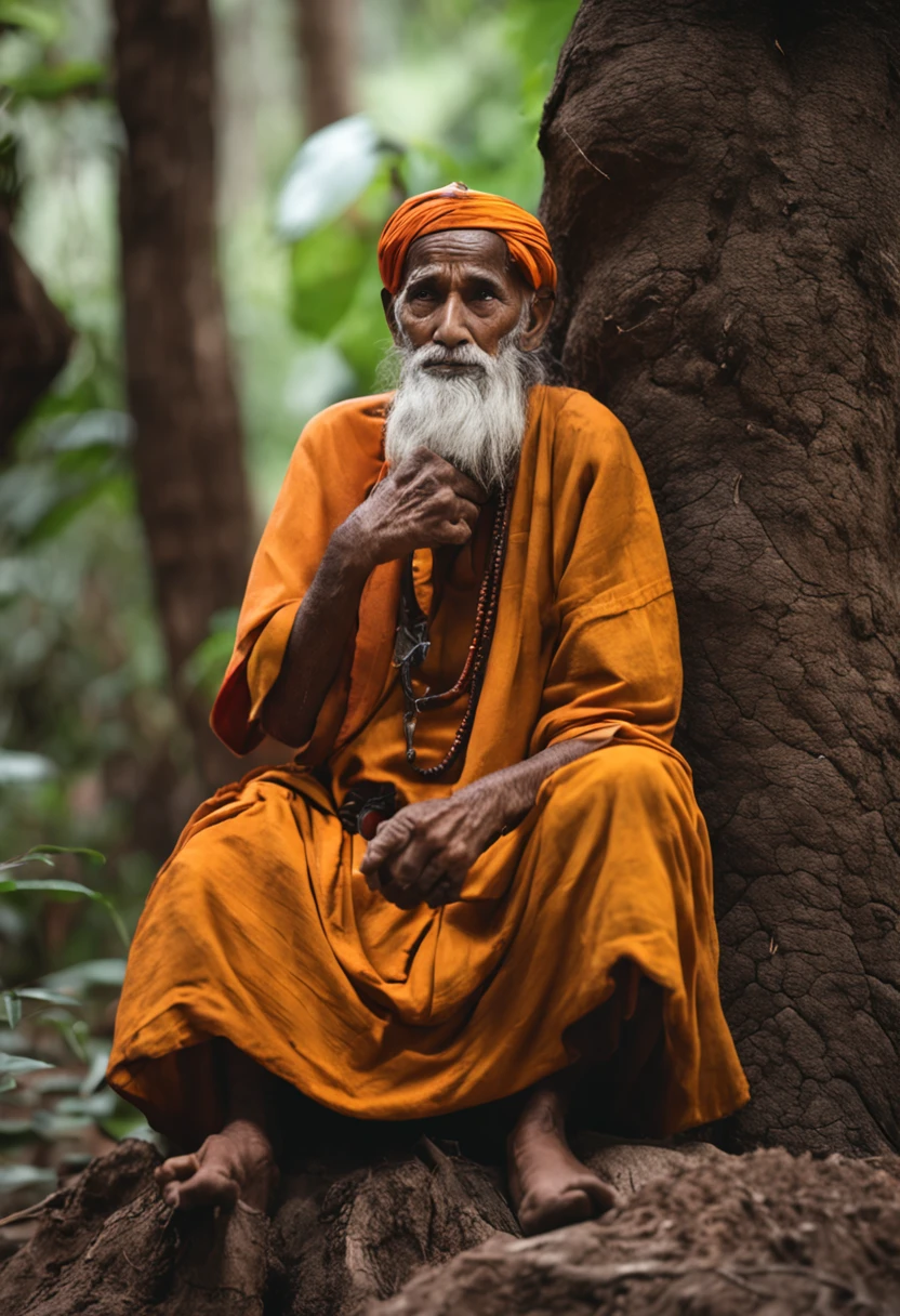 Arafed man sitting on a tree trunk in the forest, holy man looking down at the ground, Wise old man, old man, foto de retrato, um velho, Asian man, peaceful expression, foto do retrato de um homem velho, olhando majestoso na floresta, lost in thought, wise old indian guru, Foto vencedora do concurso Unsplash, ancient japanese monk, sentado no forrest