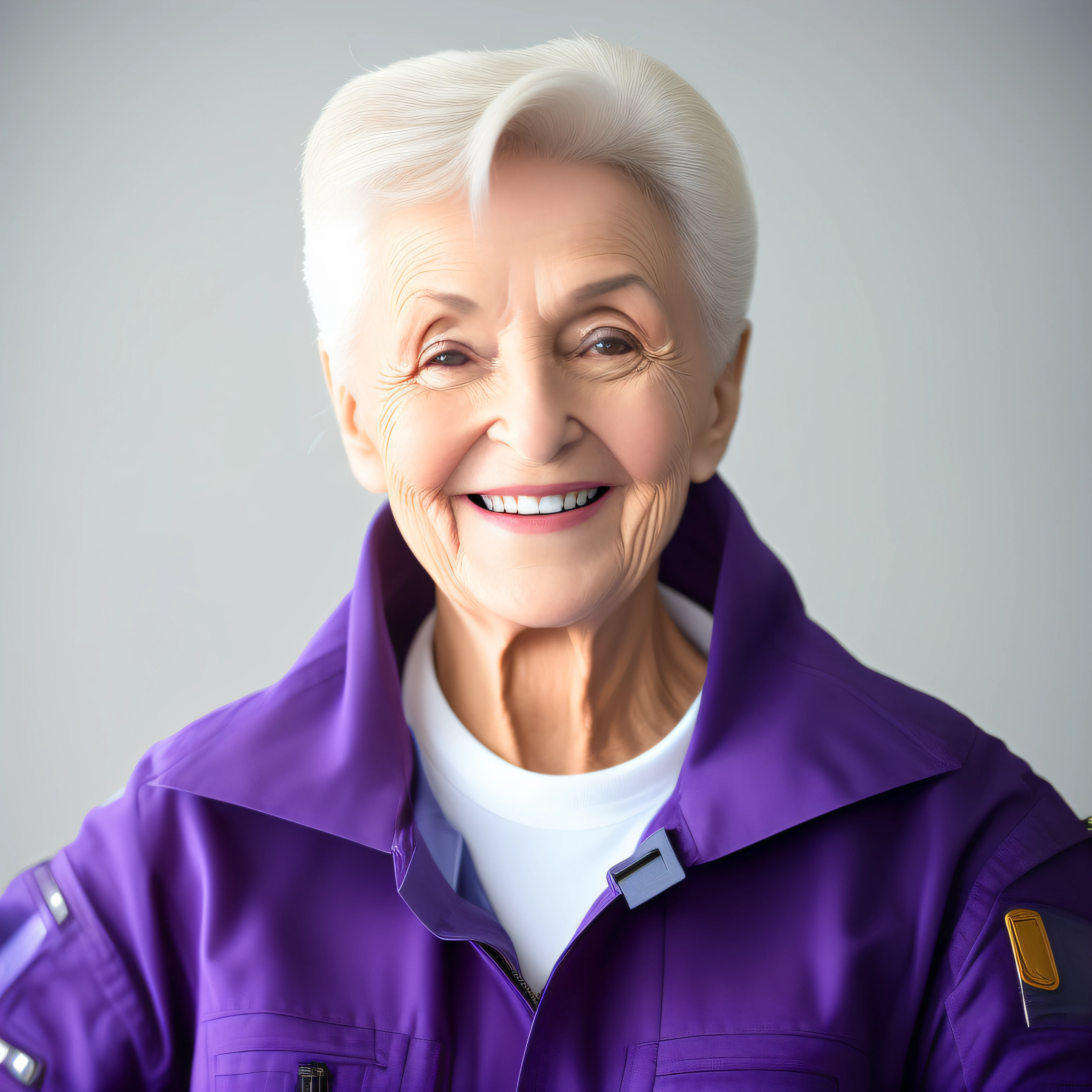 mulher mais velha sorridente em jaqueta roxa de astronauta ultra realista restaurar