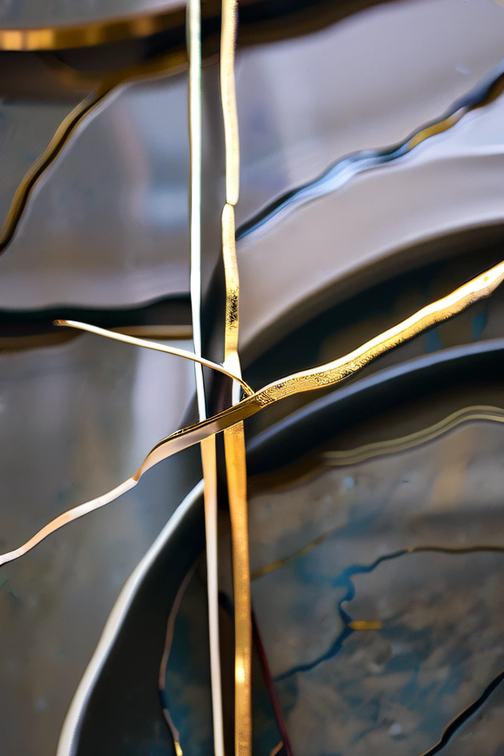 "Random and irregular kintsugi patterns adorning cracked ceramic art, capturing the essence of serendipity. Delicate metallic lines mend fractures haphazardly, creating an unplanned yet captivating design. The interplay of gold and silver infuses the scars with an unexpected charm, forming an unstructured motif. This image embodies the spontaneous beauty of accidentally broken Japanese pottery, celebrating the art of kintsugi."