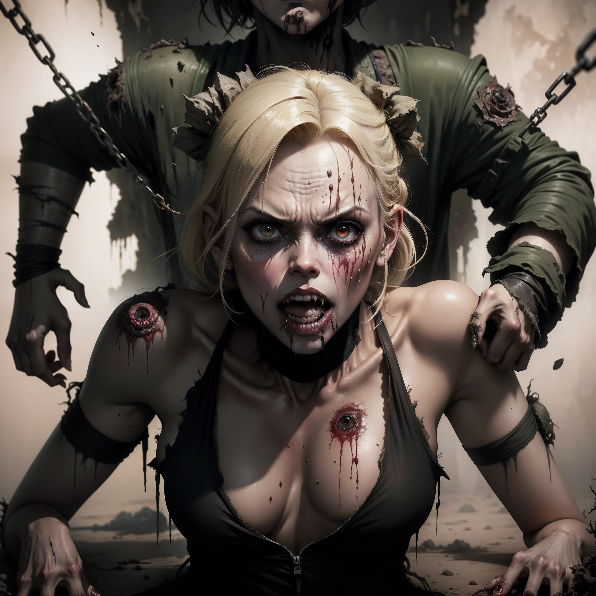 zombie grabbed by surviver from behind ( zombie: face of Charlize Theron, stinky, zombie makeup, rotting, crawls, drooling, with rotten teeth, looking at viewer, blood covered, maggots, dynamic posture ) strong sense of three-dimensional, by Hayao Miyazaki or Chesley Bonestell for the cover of Heavy Metal magazine
