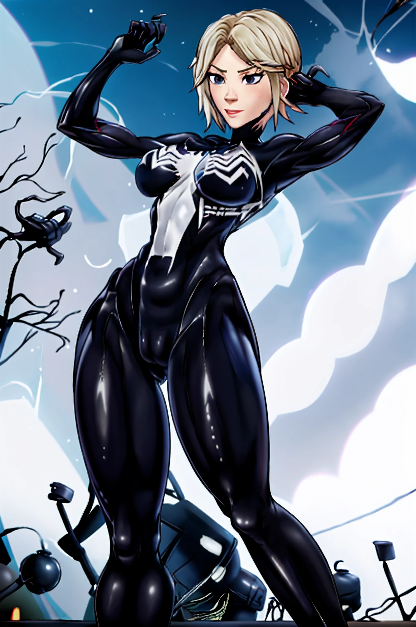 tmasterpiece,best qualityer,A high resolution,1人(femele),SH1,Spider Gwen,blond with short hair,mitts,Dark black tights,There is a white spider symbol on the chest,putting makeup on,standing on your feet,cow boy shot,(Tear clothes:1.2),(camel-toe, Vulvar shape:1.2),(Body parts, no extra limbs, precisely anatomy)
