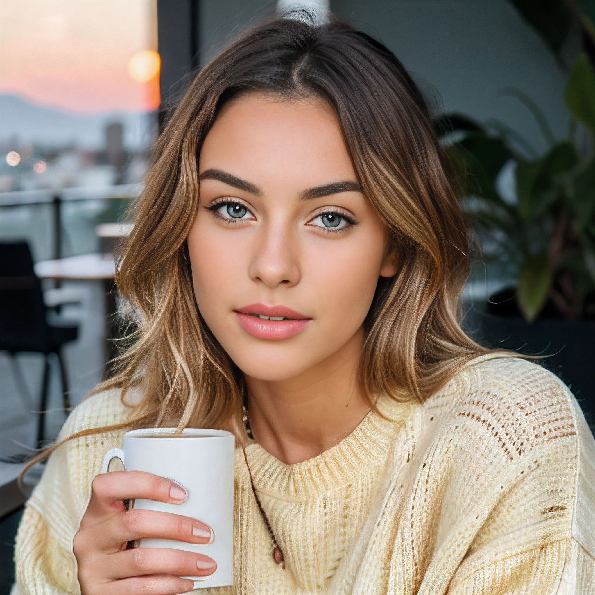 cute beautiful blonde wearing yellow sweater (drinking coffee inside a modern cafe at sunset), very detailed, 21 years old, inoccent face, natural wave hair, blue eyes, high-res, masterpiece, best quality,intricate details, highly detailed,sharp focus, detailed skin,realistic skin texture,texture, detailed eyes, professional, 4k, charmer smile, shot on Canon, 85mm,shallow depth of field,kodak vision color, perfect fit body, extremely detailed, photo_\(ultra\), photorealistic, realistic, post-processing, max detail, roughness, real life, ultra realistic, photorealism, photography, 8k uhd, photography