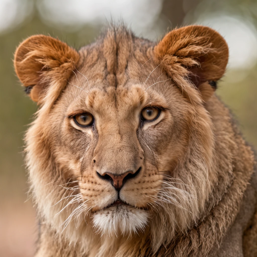The lion, Leo, with a compassionate expression, contemplating whether to help the mouse or not.