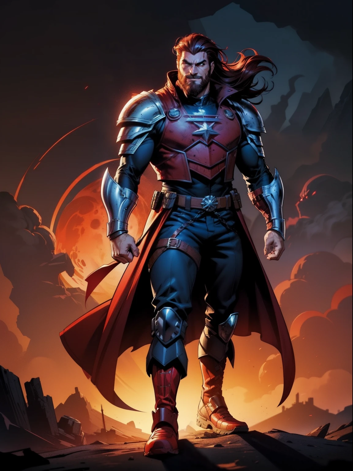 Blood moon background, illustration, Marvel comics style. Tall villian, buffed, short mane hair, ((mullet)), defined face, detailed eyes, short beard, glowing red eyes, dark hair, wily smile, badass, dangerous. Wearing overcoat, armor vest, cargo pants, high boots.
