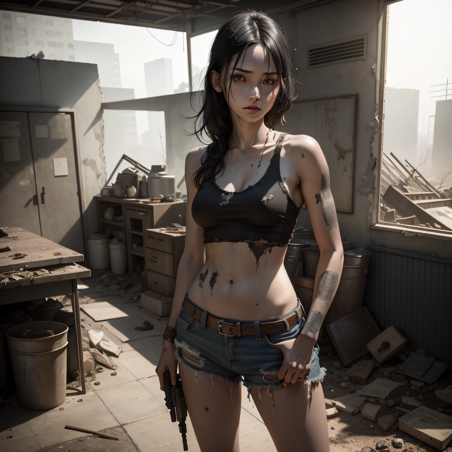 black hair, lone woman, beautiful woman, pale skin, dirty skin, post-apocalypse setting, inside abandoned store, raised gun, full body image, very tattered clothing, small breasts, no jacket, tank top, (highly detailed, highly realistic)