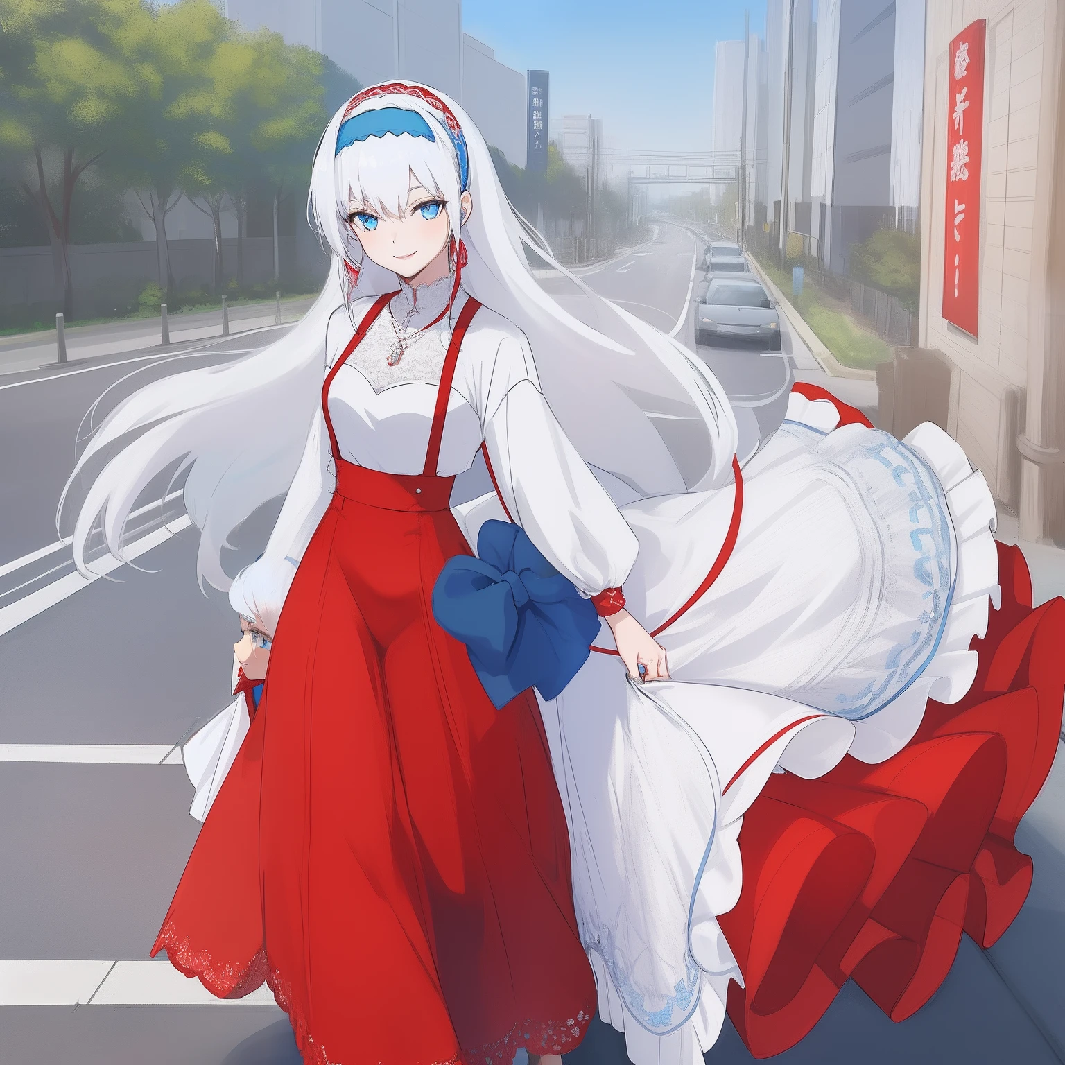 ((((1 woman)))), fullbody, lace top, red necklace, wide leg pants, ((((white hair)))), ((((blue eyes)))), long hair, happy, smile, 18 year old, dynamic angle, ((((blue hairband)))), in the tokyo, road