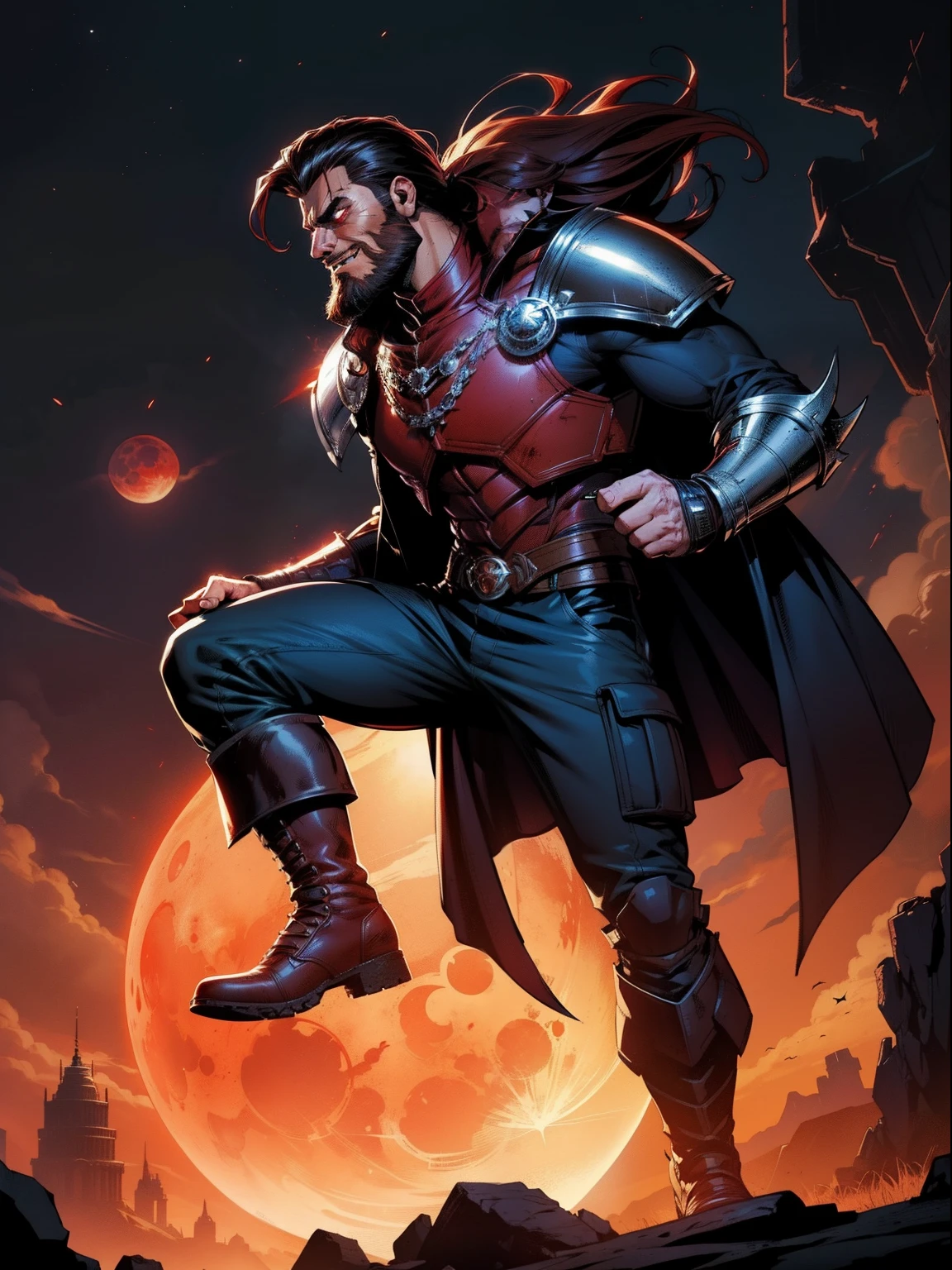 Blood moon background, illustration, Marvel comics style. Tall villian, buffed, short mane hair, ((mullet)), defined face, detailed eyes, short beard, glowing red eyes, dark hair, wily smile, badass, dangerous. Wearing overcoat, armor vest, cargo pants, high boots.