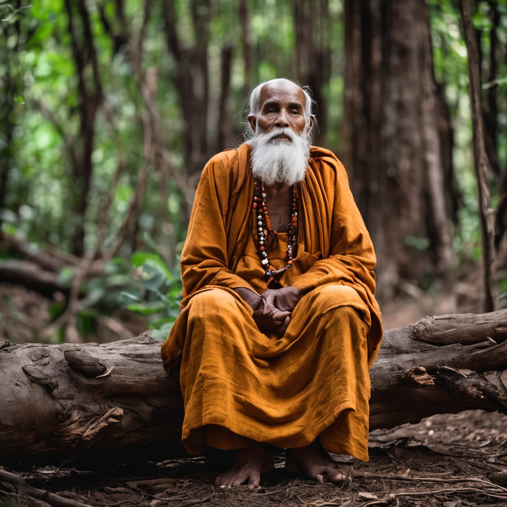 Arafed man sitting on a tree trunk in the forest, holy man looking down at the ground, Wise old man, old man, foto de retrato, um velho, Asian man, peaceful expression, foto do retrato de um homem velho, olhando majestoso na floresta, lost in thought, wise old indian guru, Foto vencedora do concurso Unsplash, ancient japanese monk, sentado no forrest