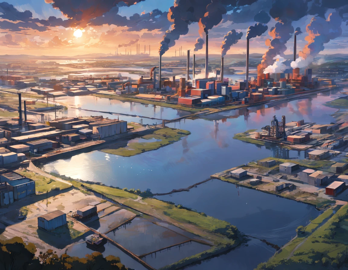 Wide view of industrial area. Se observan cuerpos de agua y la Industria 1 descargando contaminantes al mar. Industry 2 discharging pollutants into the river. Industria 3 descargando contaminantes a un lago.