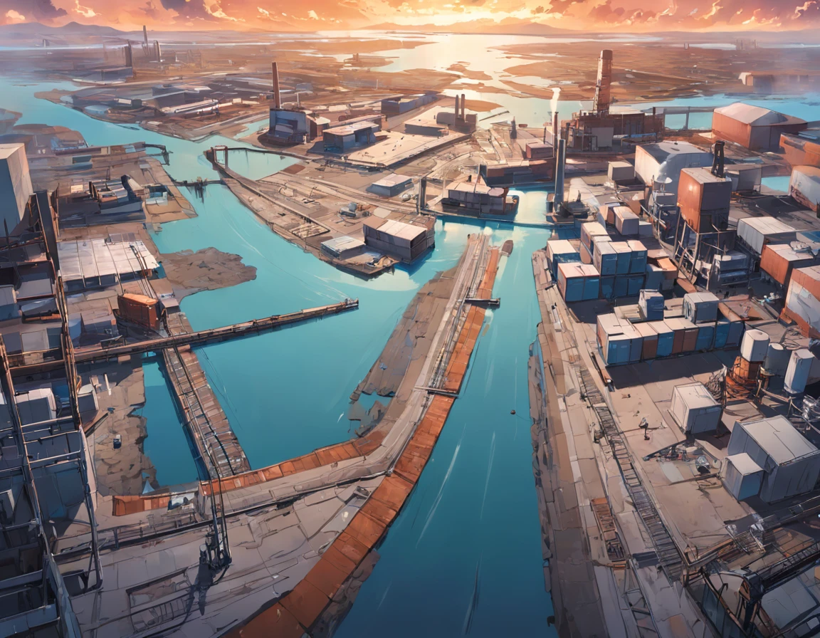 Wide view of industrial area. Se observan cuerpos de agua y la Industria 1 descargando contaminantes al mar. Industry 2 discharging pollutants into the river. Industria 3 descargando contaminantes a un lago.