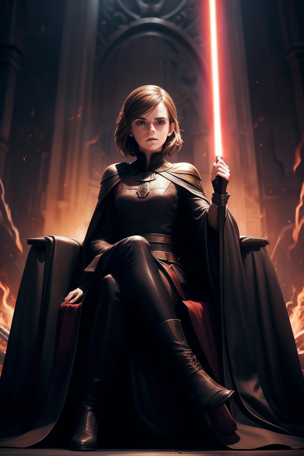 "Emma Watson gracefully seated on a Sith throne, emanating a powerful aura."
