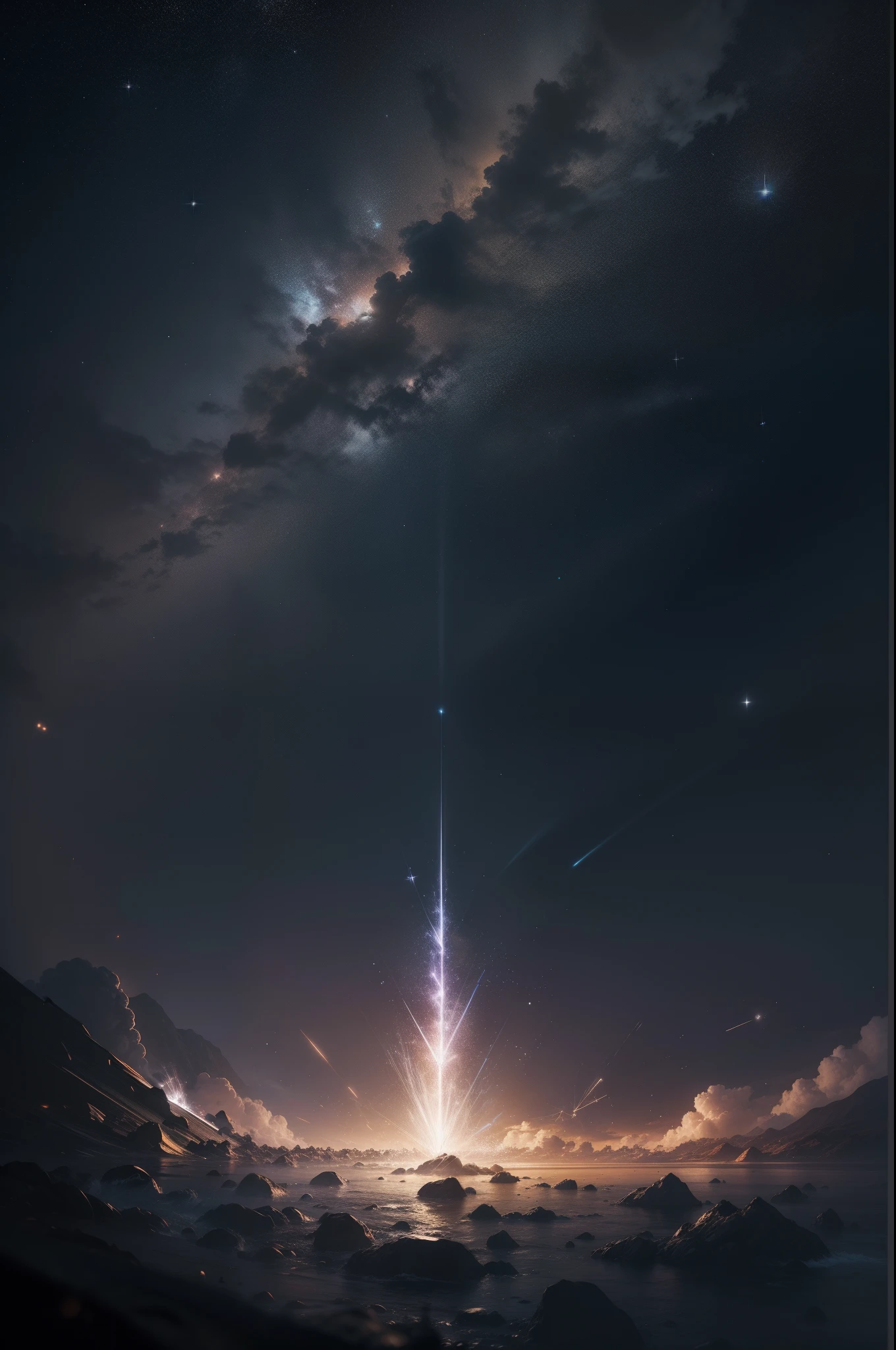 a light spark falls down from a dark sky at night.