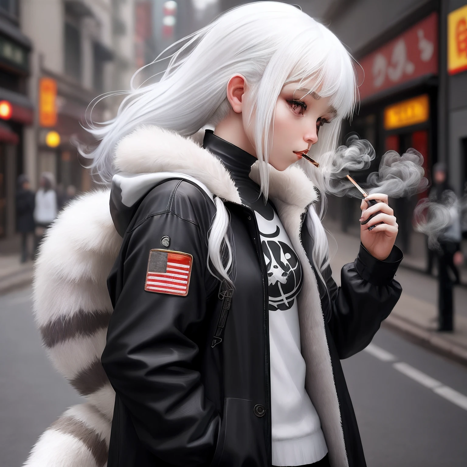 1girl, white hair, raccoon tail, smoking
