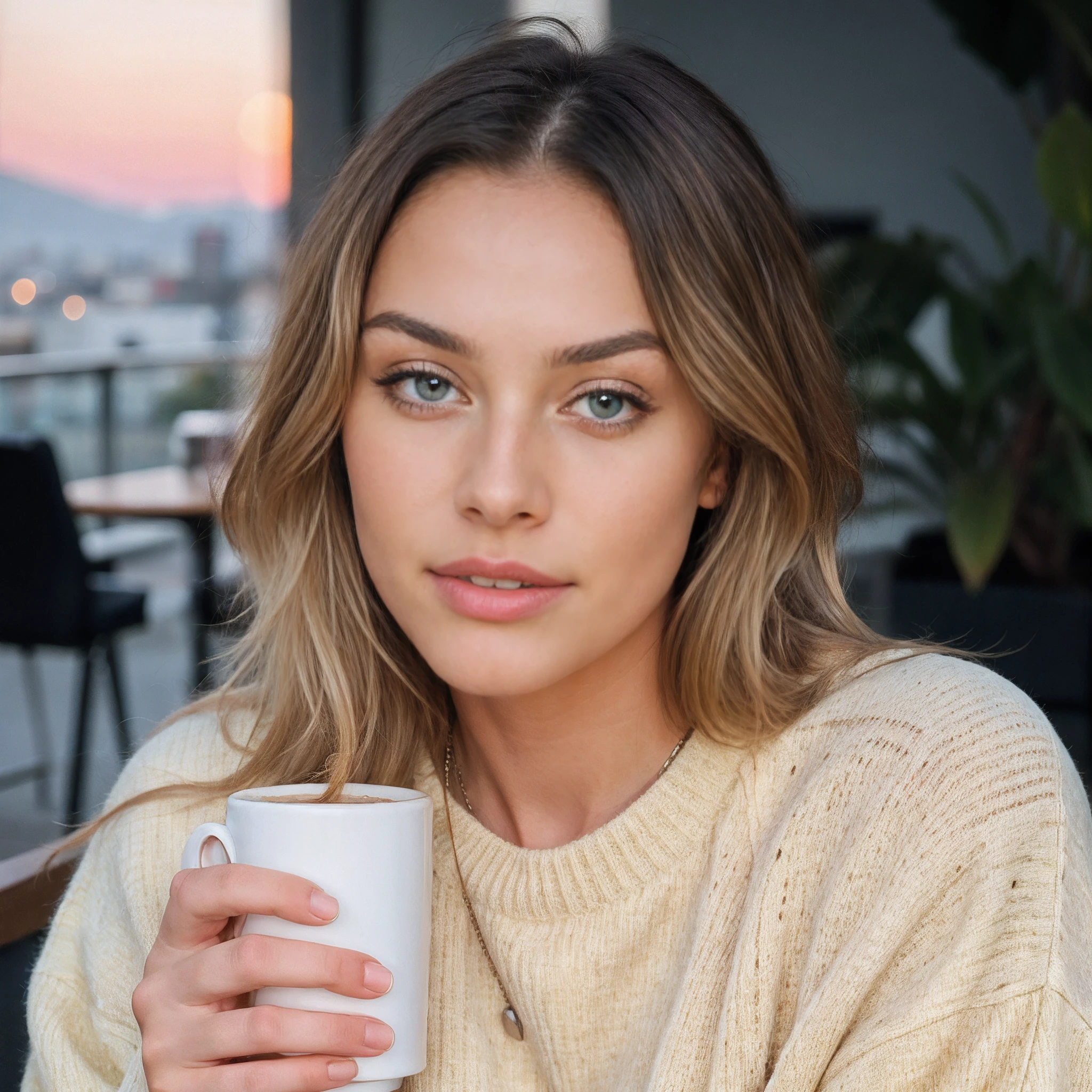 cute beautiful blonde wearing yellow sweater (drinking coffee inside a modern cafe at sunset), very detailed, 21 years old, inoccent face, natural wave hair, blue eyes, high-res, masterpiece, best quality,intricate details, highly detailed,sharp focus, detailed skin,realistic skin texture,texture, detailed eyes, professional, 4k, charmer smile, shot on Canon, 85mm,shallow depth of field,kodak vision color, perfect fit body, extremely detailed, photo_\(ultra\), photorealistic, realistic, post-processing, max detail, roughness, real life, ultra realistic, photorealism, photography, 8k uhd, photography