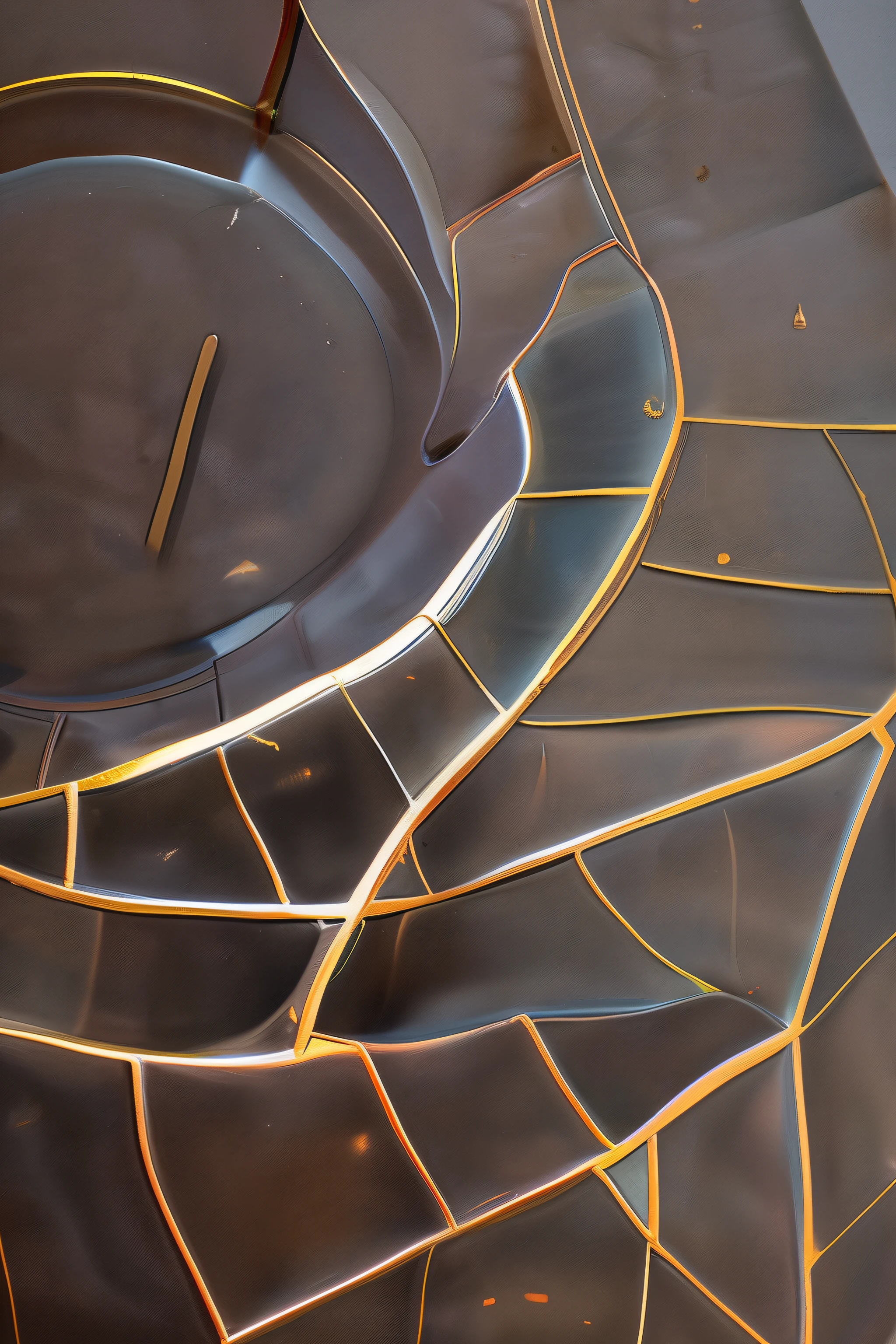 "Random and irregular kintsugi patterns adorning cracked ceramic art, capturing the essence of serendipity. Delicate metallic lines mend fractures haphazardly, creating an unplanned yet captivating design. The interplay of gold and silver infuses the scars with an unexpected charm, forming an unstructured motif. This image embodies the spontaneous beauty of accidentally broken Japanese pottery, celebrating the art of kintsugi."