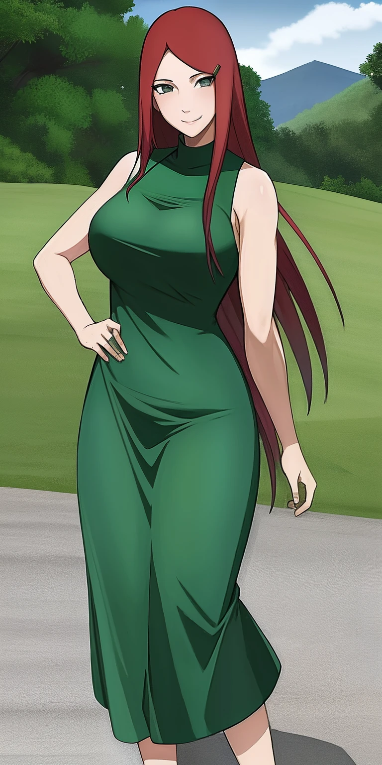 uzumaki_kushina, large_breasts, standing, solo, kushina_green_dress, masterpiece, best quality, detailed face, detailed eyes, highres, smile,