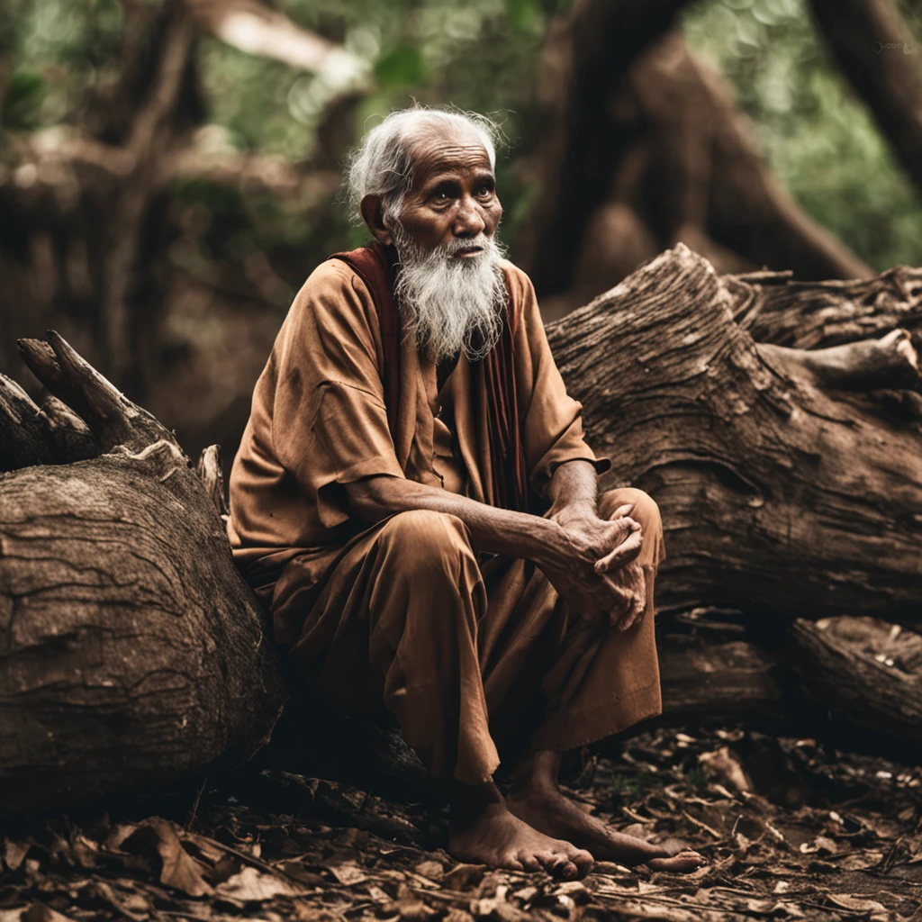 Arafed man sitting on a tree trunk in the forest, holy man looking down at the ground, Wise old man, old man, foto de retrato, um velho, Asian man, peaceful expression, foto do retrato de um homem velho, olhando majestoso na floresta, lost in thought, wise old indian guru, Foto vencedora do concurso Unsplash, ancient japanese monk, sentado no forrest