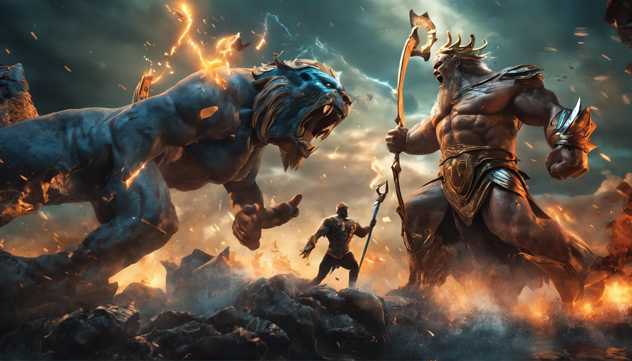 The clash of titans as Poseidon and Zeus clash their tridents in a fierce battle of wills.