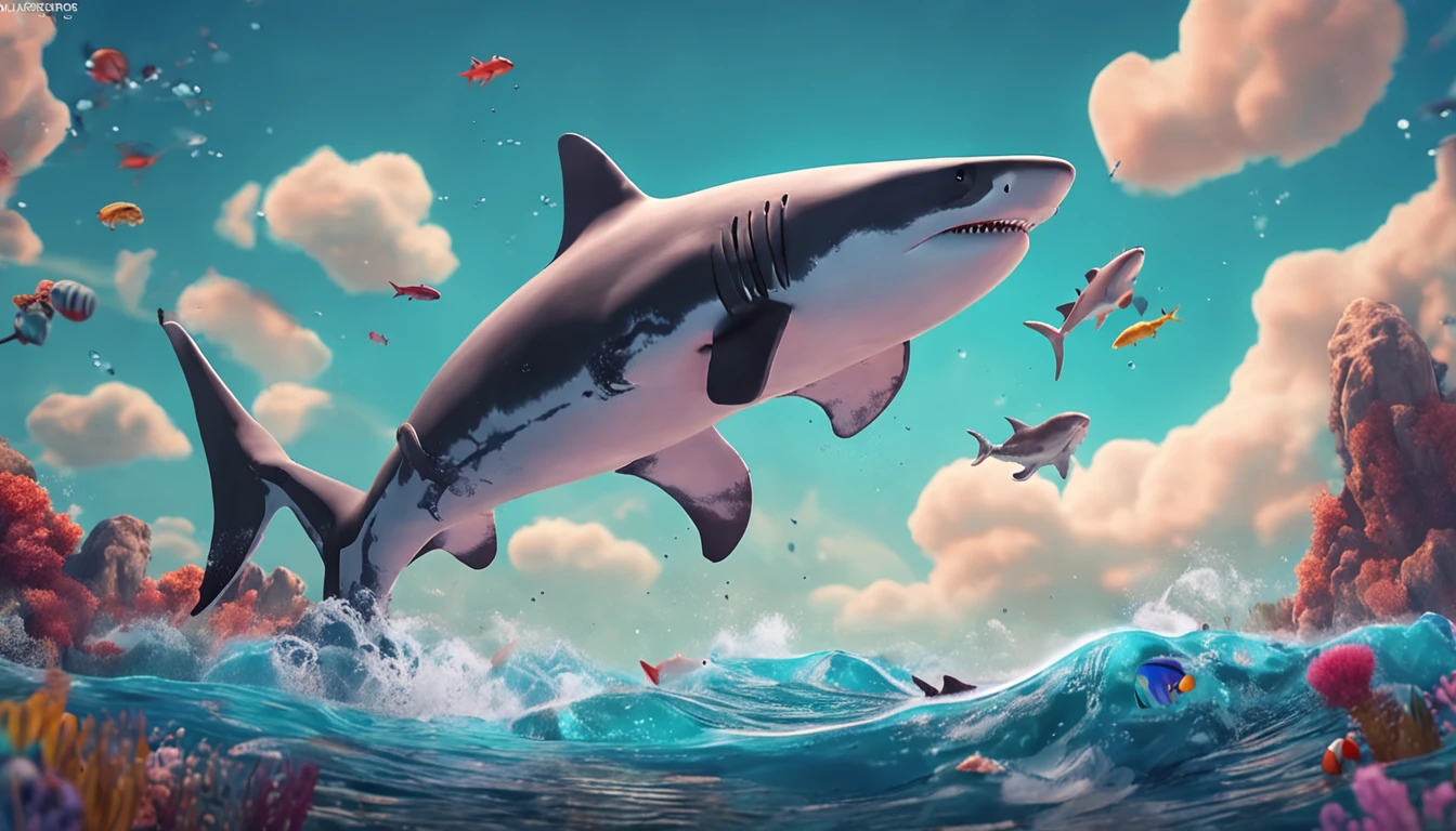 create a shark floating in the sky with other sea creatures on each sides.