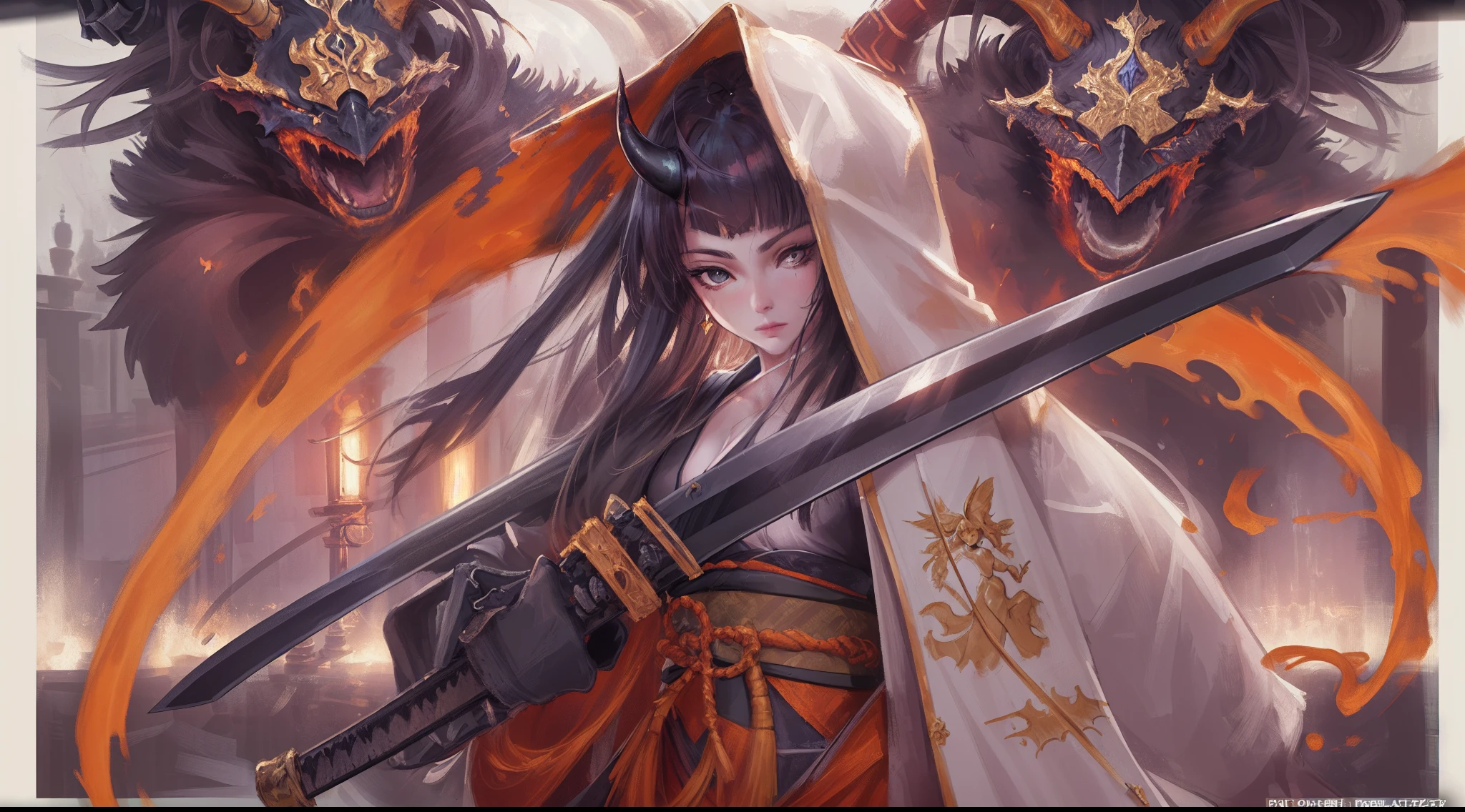 there is an illustration of a woman samurai fighting a red skinned demon in the streets at night. A Japanese woman samurai, a female warrior, ultra detailed face (best details, Masterpiece, best quality: 1.5), ultra feminine, exquisitely beautiful pale skin, long hair, black hair, dynamic eyes color, armed with a katana (best details, Masterpiece, best quality: 1.5), shinning sword (best details, Masterpiece, best quality: 1.3) wearing armor. BREAK  a [demon] (best details, Masterpiece, best quality: 1.4), red skinned (best details, Masterpiece, best quality: 1.5), black eyes, black mane, bat wings (best details, Masterpiece, best quality: 1.5), horns, big horns, armed with a long blade covered in flames (best details, Masterpiece, best quality: 1.5), covered in red fire. medieval Japanese street (best details, Masterpiece, best quality: 1.4) background, night time, moon light, street lamp light, Ultra-Wide Angle, high detail, award winning, best quality, HD, 16K, 3D rendering, high details, best quality, highres, ultra wide angle, 3D rendering, photorealistic, ultra realistic [[anatomically correct]]