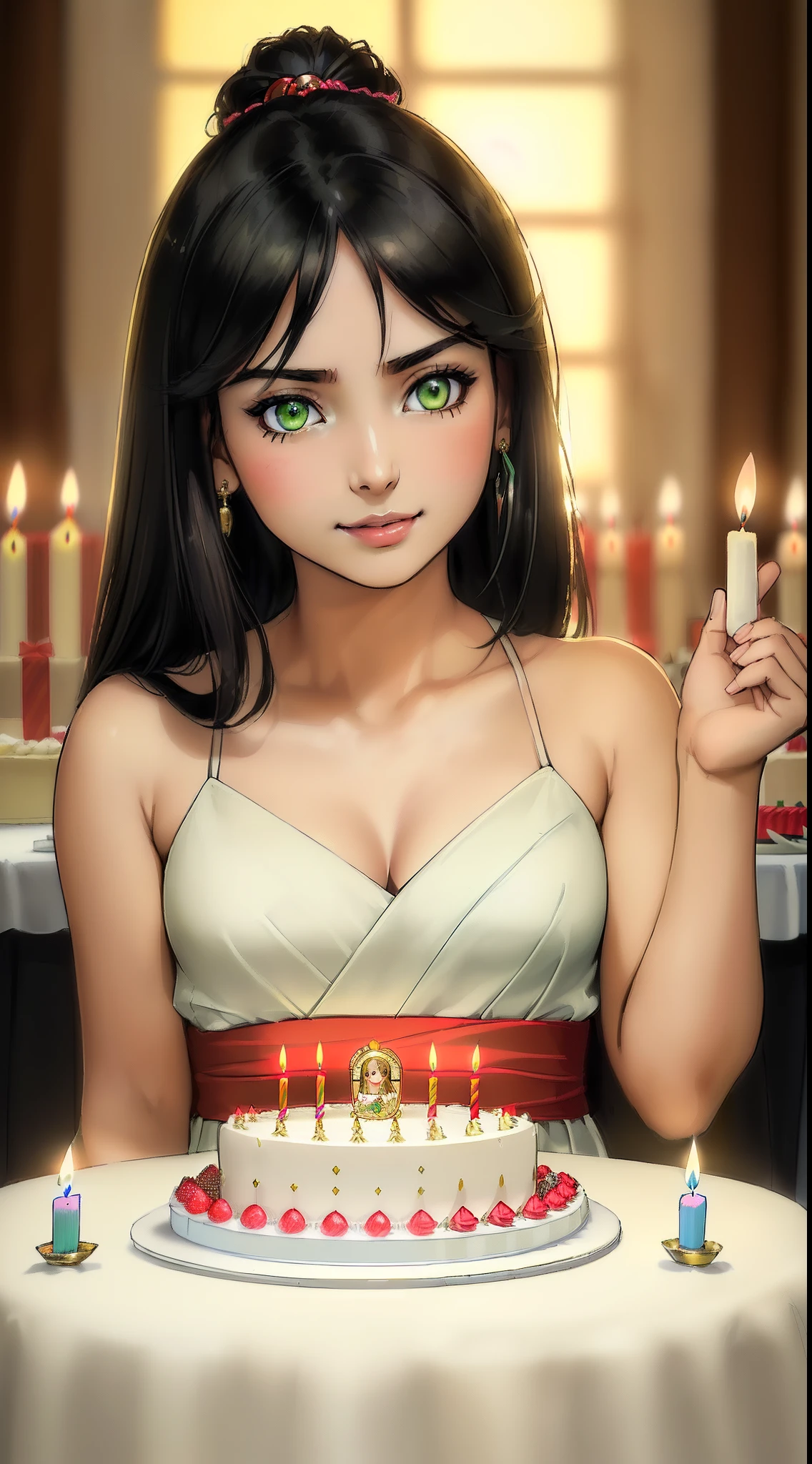 (((((())), the anime, ( Green eyes), (black hair), Nice face, ssmile, hair up to the shoulders, straight hair, square, (((morena))), ((tmasterpiece, beste-Qualit)), illustartion, Ультра деталпазированная 8k, Photorealistic, sharp-focus, higly detailed, Professional lighting, casual wear, gala wear, Family celebration, birthday party, a cake, candle lights, table with food, Guests, children , taw, Gifts