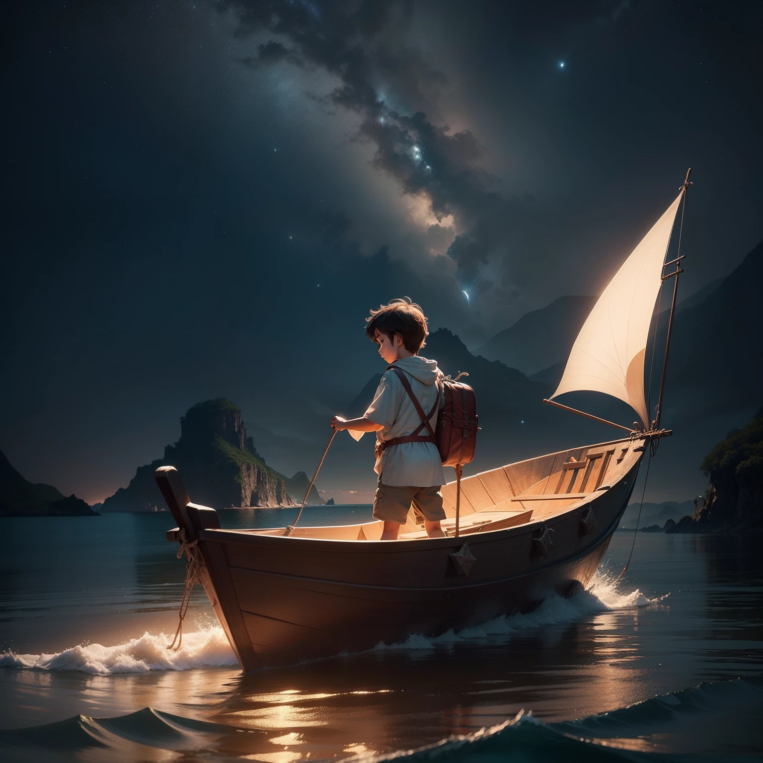 Create an image that depicts the ??? approaching island in a small boat and alone. The island must have a magical and mysterious aura, with lush landscapes and details that refer to the stories he used to invent. The Star of Hope should be clearly visible in the night sky, illuminating the scene.