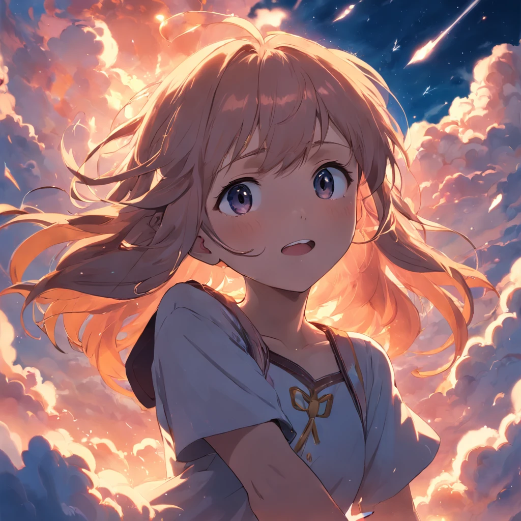 masterpiece, best quality, movie still, 1girl, cloud girl, floating in the sky, close-up, bright, happy, warm soft lighting, sunset, (sparks:0.7)