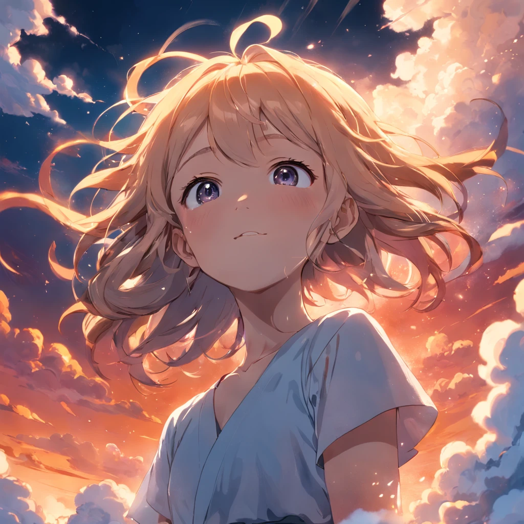 masterpiece, best quality, movie still, 1girl, cloud girl, floating in the sky, close-up, bright, happy, warm soft lighting, sunset, (sparks:0.7)