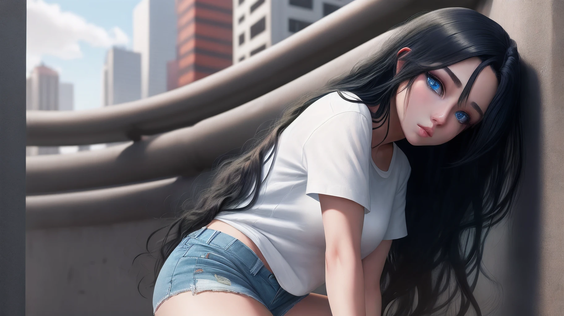 1girl, long black hair, blue eyes, wearing plain white shirt, Demi shorts, city, absurdness, high res, ultra sharp,8k, masterpiece, looking at viewer.