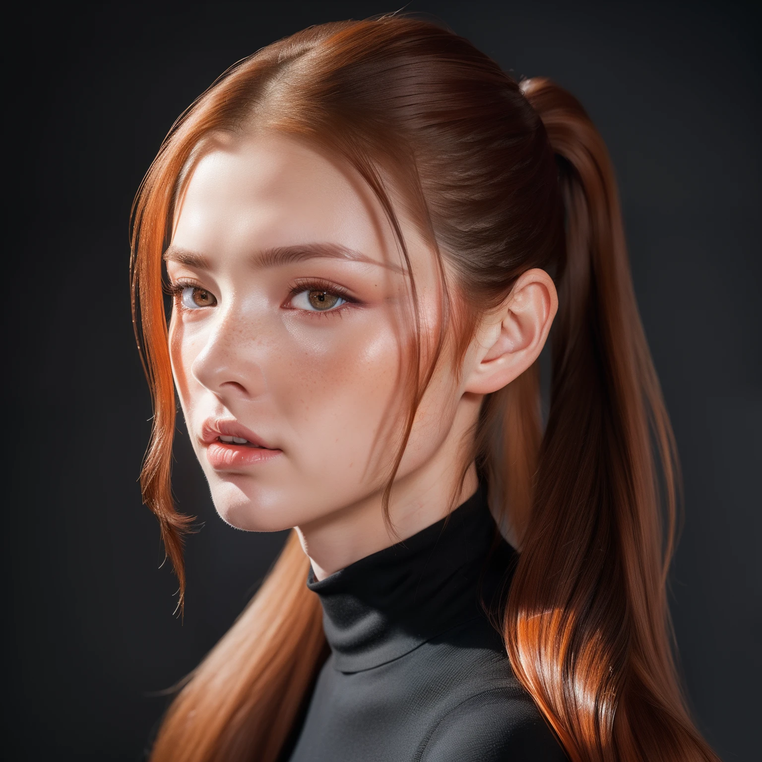 (8k, RAW photo, highest quality),(epic realistic:1.5), a girl, dynamic posture,erotic face,black shirt,(detailed eyes:0.8),(looking at the camera:1.4), (highest quality), (best shadow),intricate details,cinematic,((skin:1.4)),interior, (long ponytail ginger hair:1.3),dark studio,(hdr:1.5),detailed, muted colors, freckles