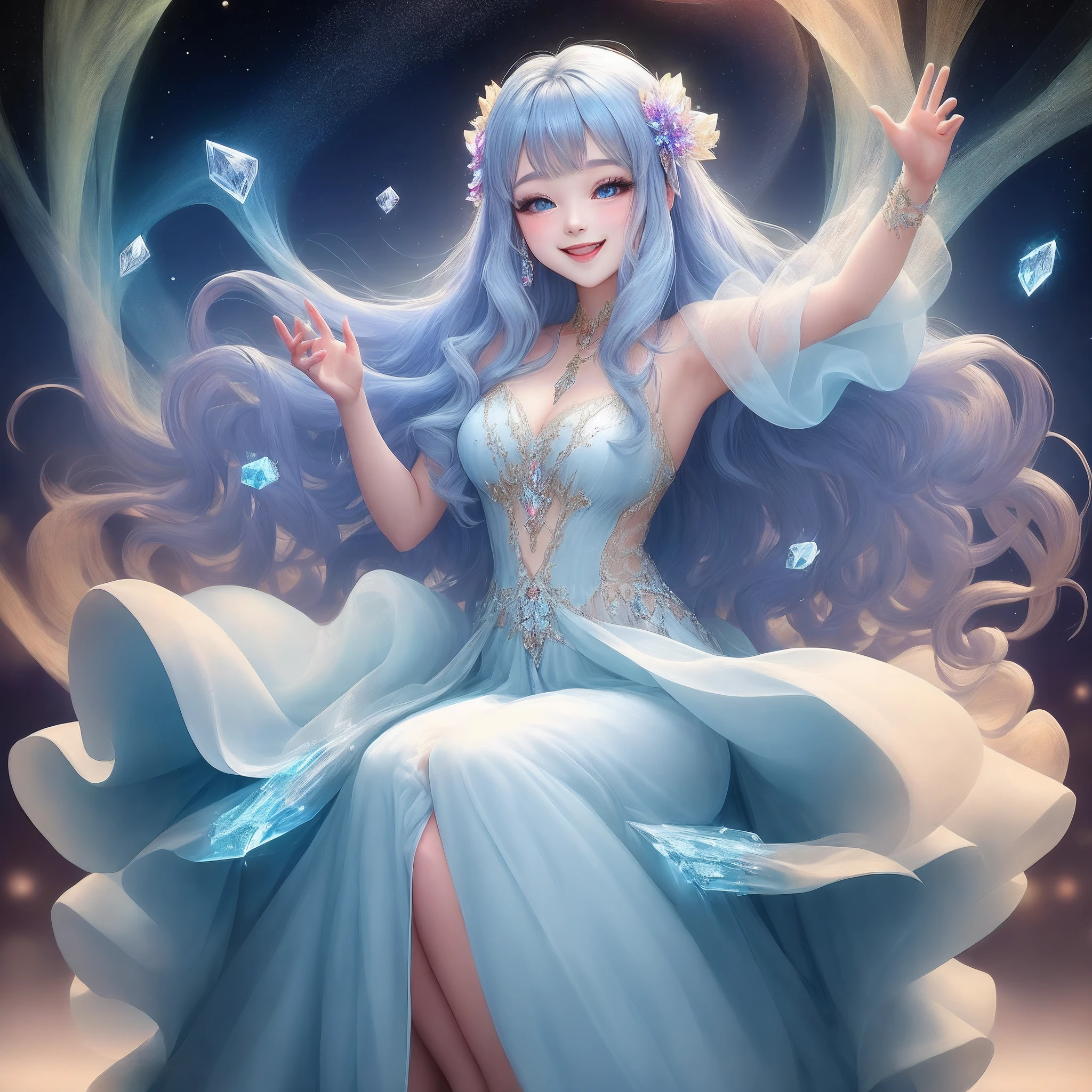 Cute girl, smile, light blue longhair,  vibrant colors, ethereal beauty, magical aura, enchanting smile, flowing gown, mystical atmosphere, sparkling crystals, celestial guidance, captivating gaze, otherworldly charm, mesmerizing performance, transcendent vocals