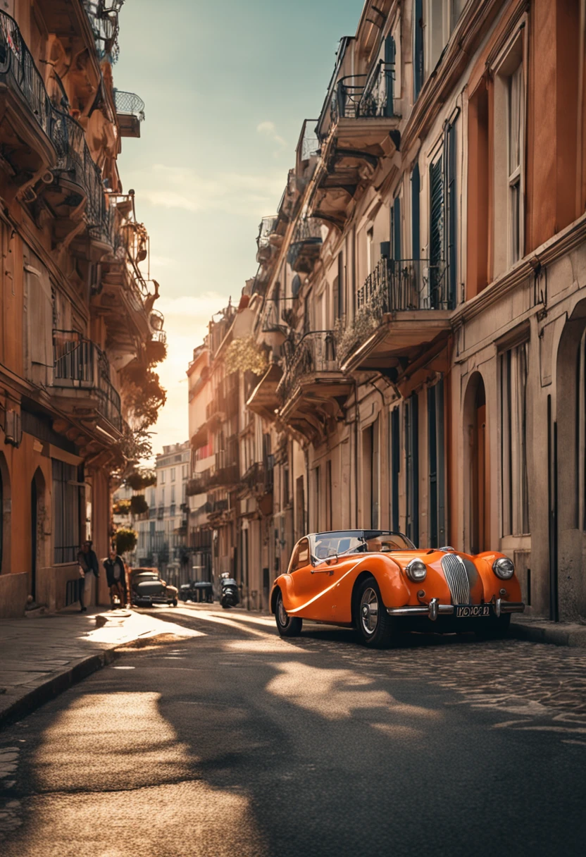 (Master part, High resolution, Pittoresque:1.2), BMW car of the years 2023, (Retro Orange Exterior:1.1), Design iconique, cruise along Harbor Road, (Reflective lights:1.2), Sun-drenched, Bruissement de la brise marine, (Vue sur le port:1.1), waves crashing to shore, Horizon de la ville en miroir, Nostalgic atmosphere, Play of light and shadow, Calques riches, Moment captivant, Vue sur la rue du vieux monde, Sensation vintage, Moments de fondu