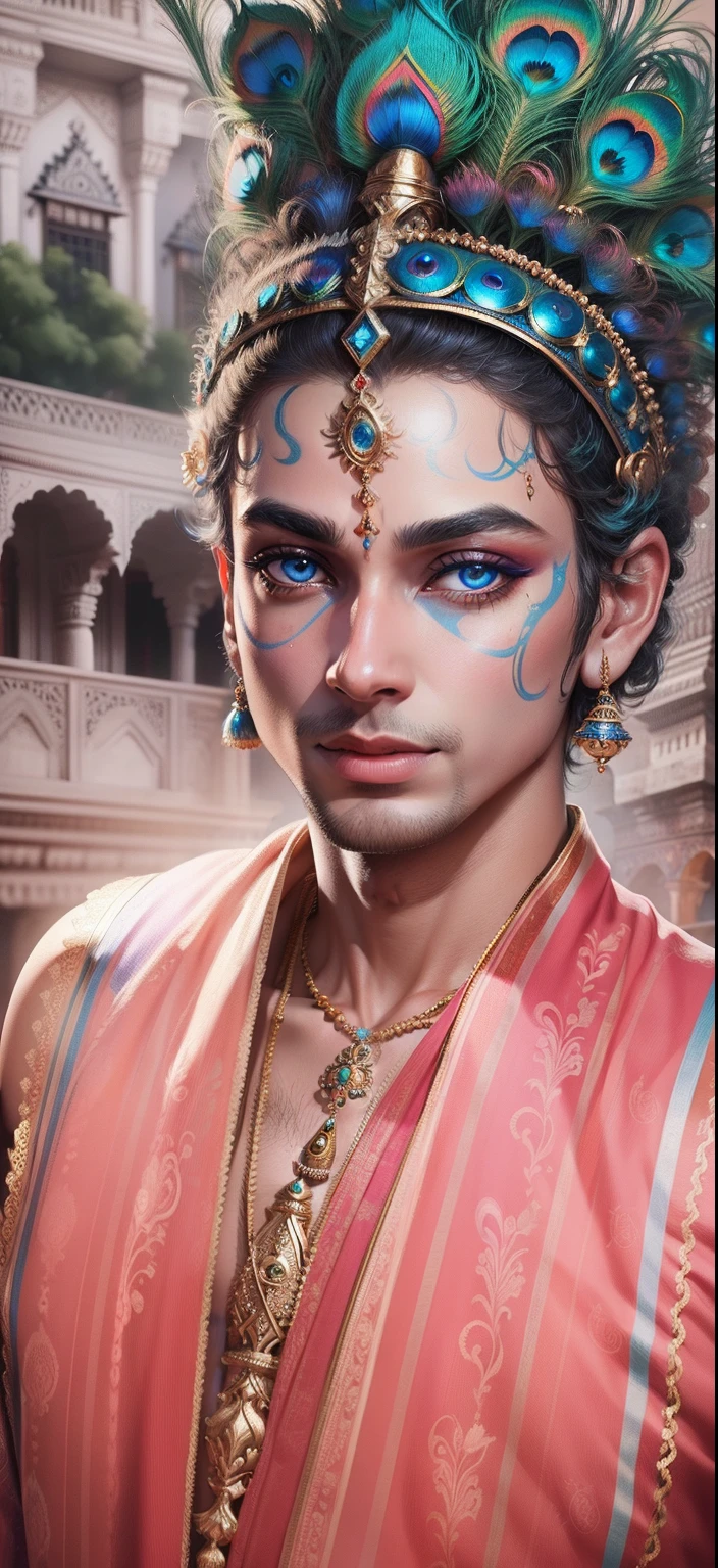 Lord Krishna peacock background realistic face Bule Eye, Ultra high quality HD