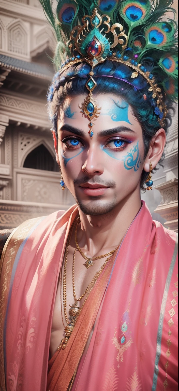 Lord Krishna peacock background realistic face Bule Eye, Ultra high quality HD