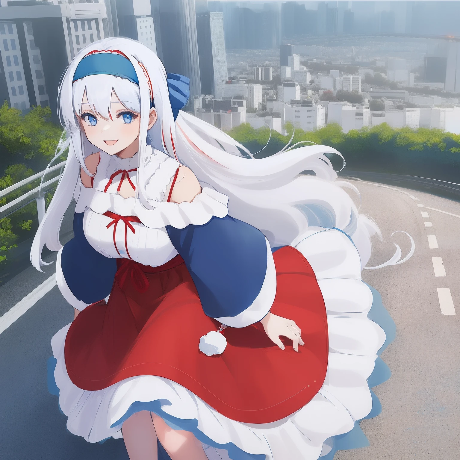 ((((1 woman)))), fullbody, off shoulder lace top, red ribbon, maxi skirt, ((((white hair)))), ((((blue eyes)))), long hair, happy, smile, 18 year old, dynamic angle, ((((blue hairband)))), in the tokyo, road