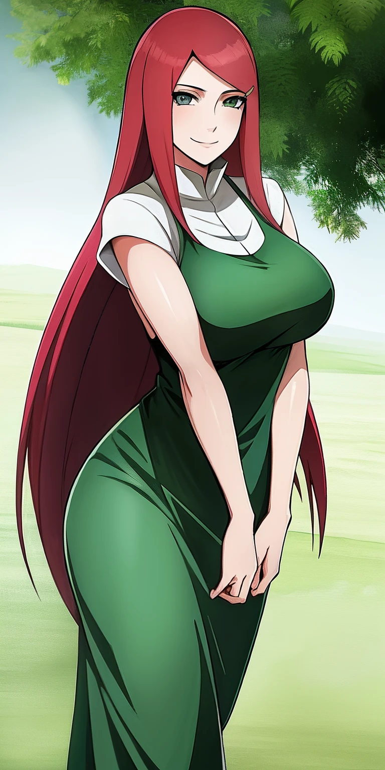 uzumaki_kushina, large_breasts, standing, solo, kushina_green_dress, masterpiece, best quality, detailed face, detailed eyes, highres, smile,