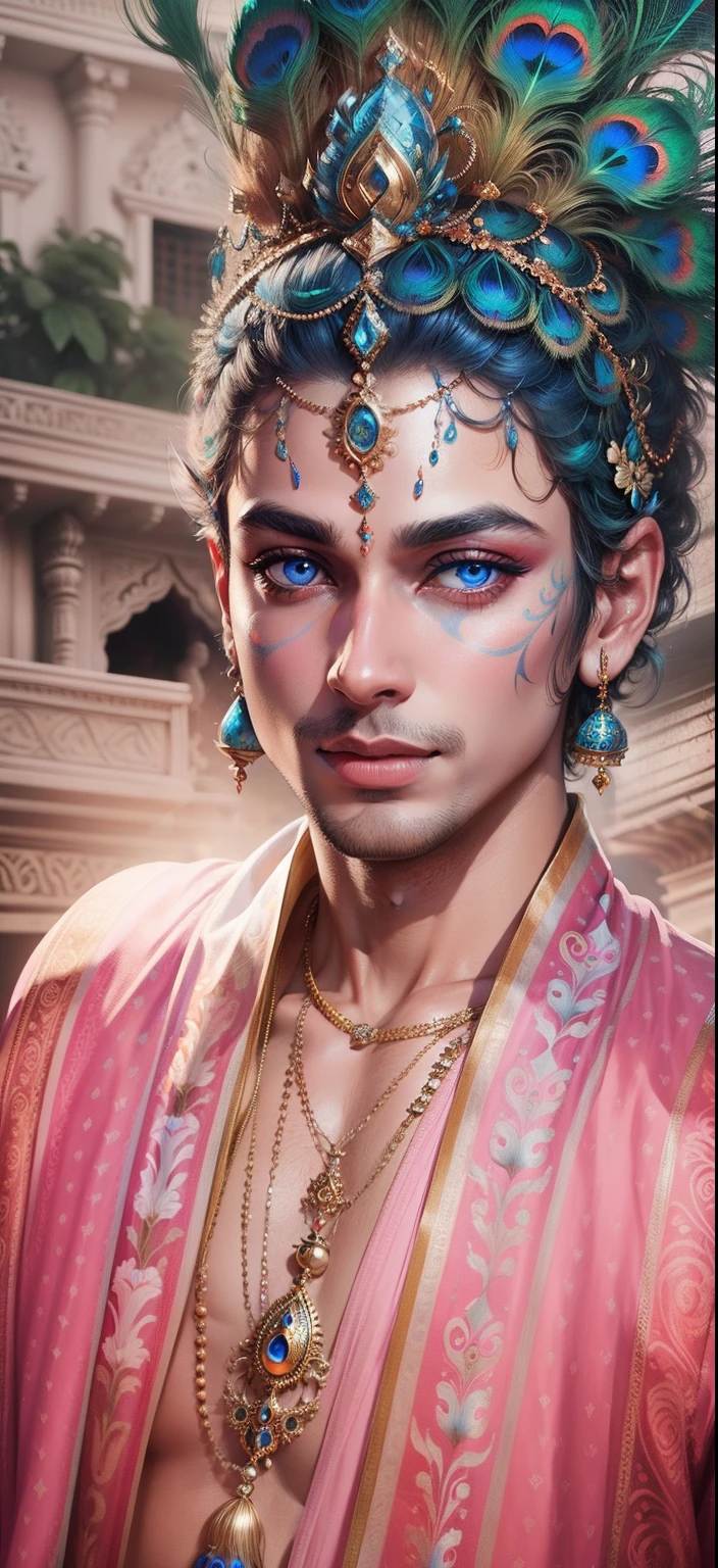 Lord Krishna peacock background realistic face Bule Eye, Ultra high quality HD