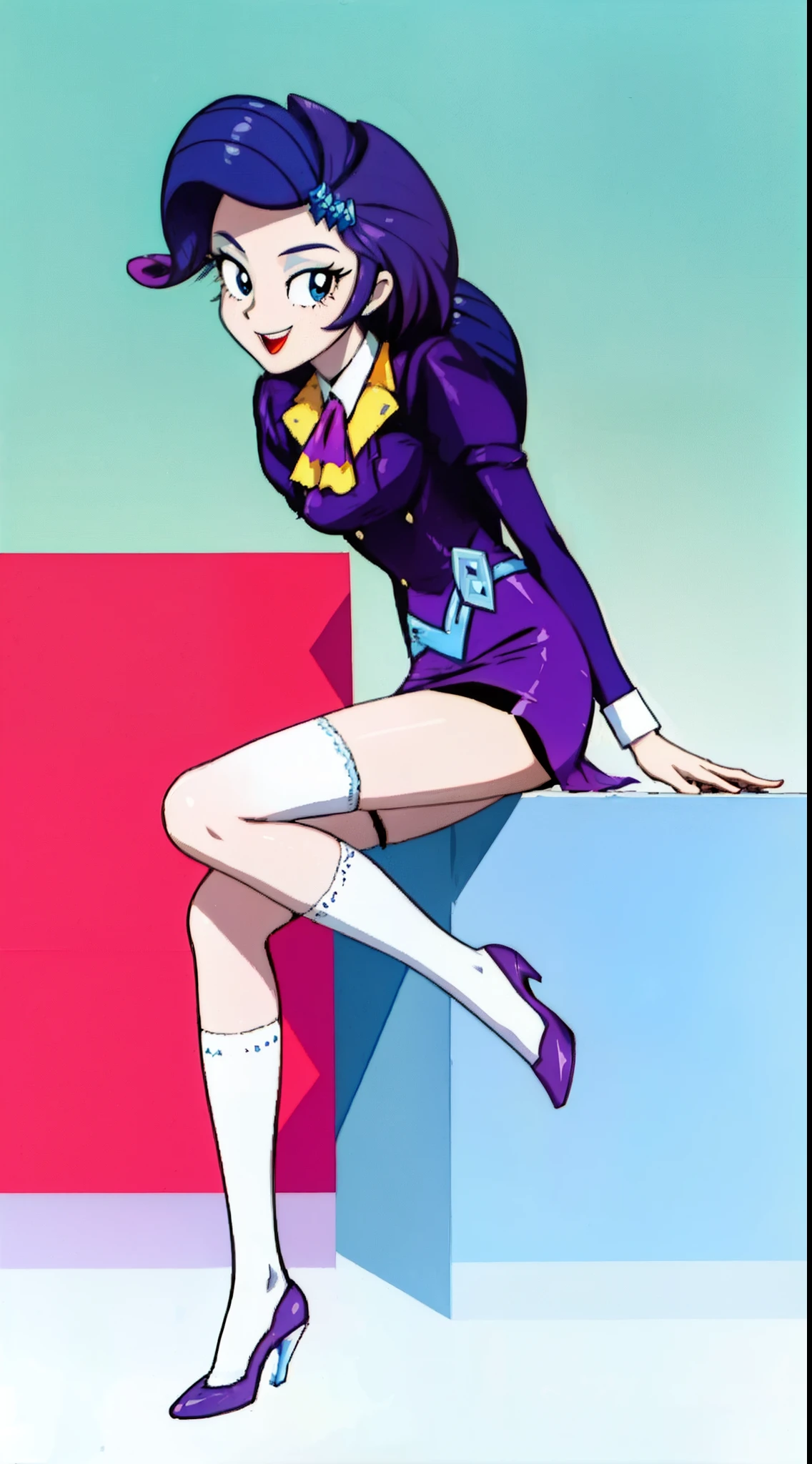 RETRO ARTSTYLE, 1990S (STYLE), masterpiece,best quality,1girl,solo,mlprarity,colored skin,hair ornament,purple hair,blue jacket, juliet sleeves, ascot, blue pencil skirt, white thighhigh socks, blue high heels, full body, smile